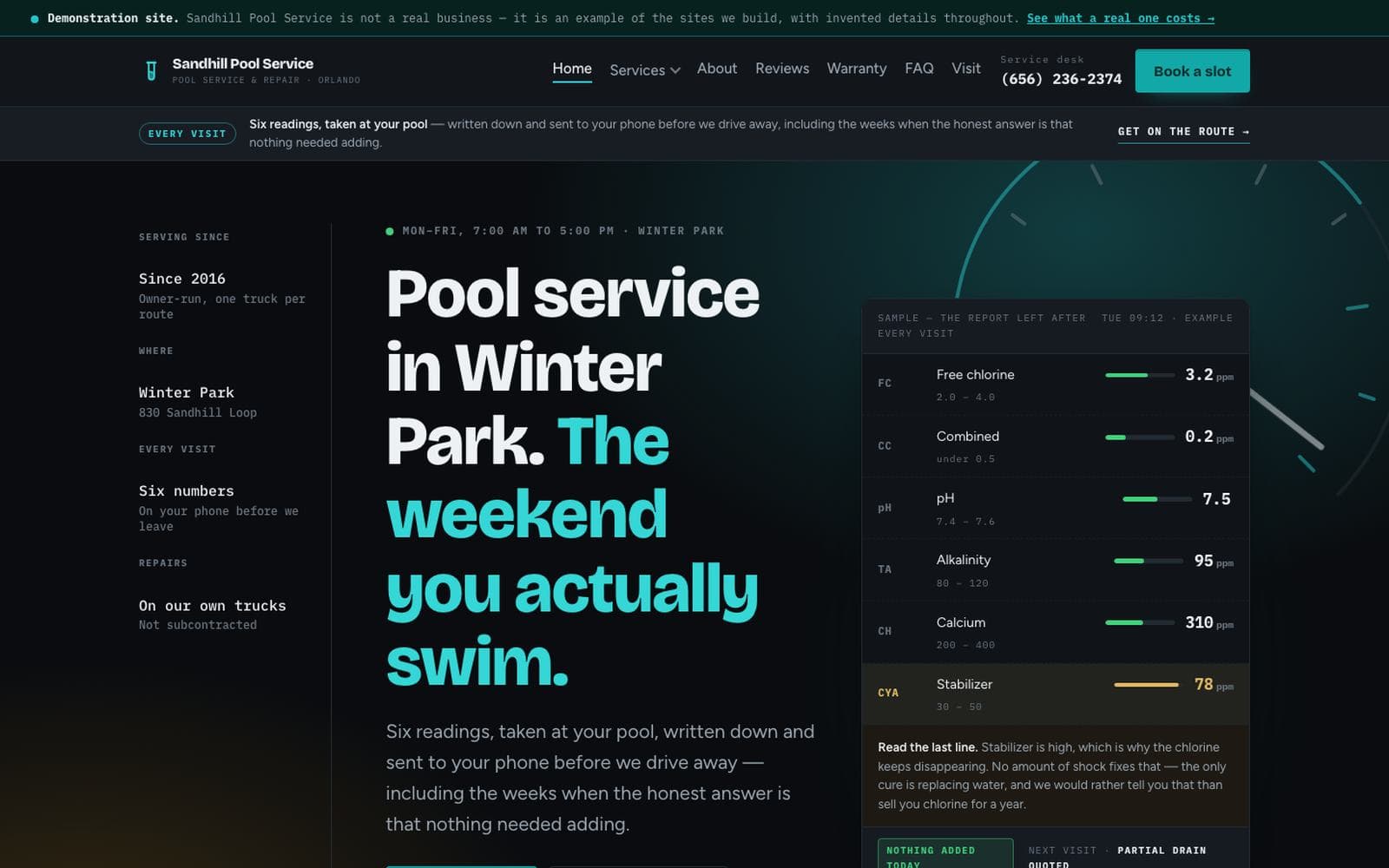 The pool service site we built, open on a laptop