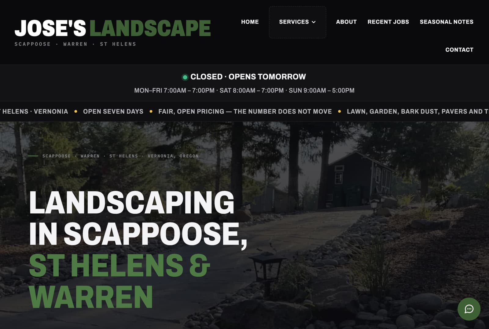 The Jose's Landscaping home page — his own photograph behind the headline, with live opening hours in the header.