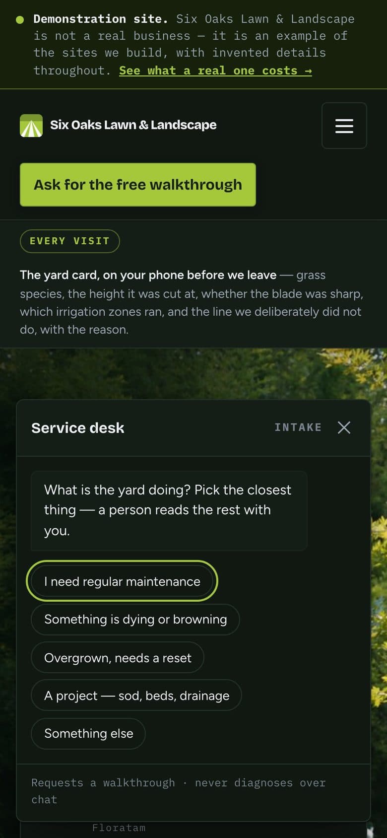 A sample landscaping website we built, on a phone, with its chat open
