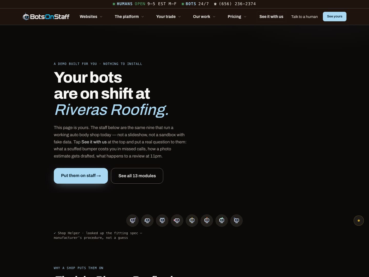 The page at botsonstaff.com/demo/riveras-roofing, headed “Your bots are on shift at Riveras Roofing”.
