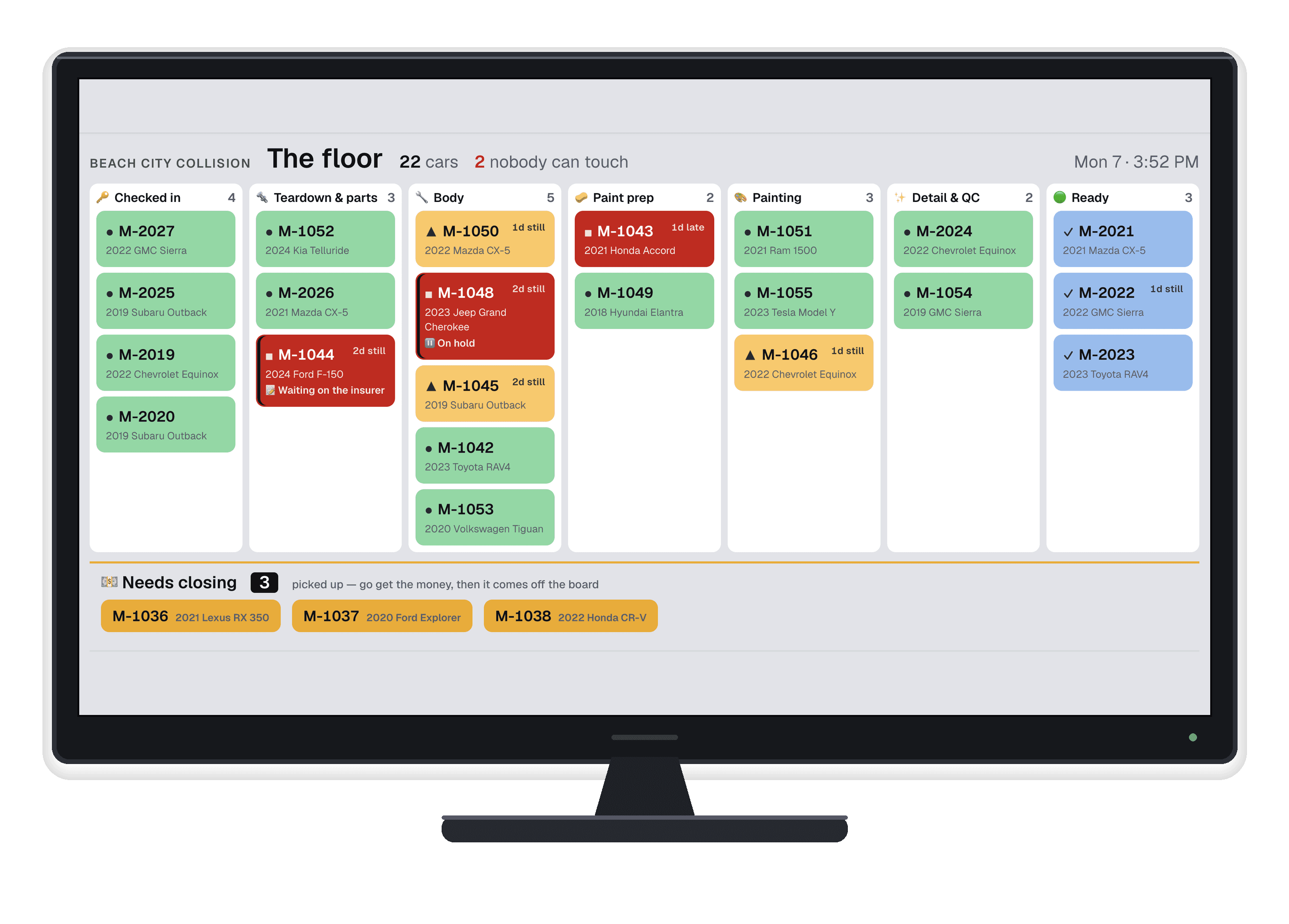 A shop floor board on a wall-mounted television, seven columns: check in, teardown and parts, body, paint prep, painting, detail and QC, and ready. Twenty-two repair orders, each a filled color card giving the vehicle, the crew member and one line on how it is pacing. Thirteen green cars are moving and name their due date; three amber have gone a day or two untouched; three red are stopped — one past its promised date, one waiting on an insurer supplement, one on hold; and three in ready are finished and waiting to be collected. No customer names and no money appear anywhere on the board.