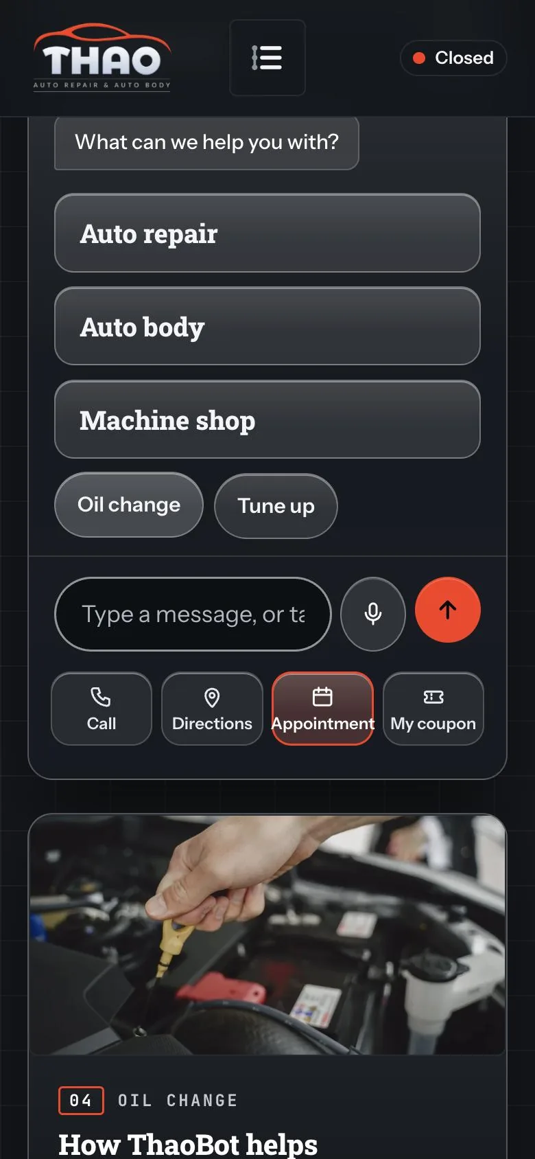 The chat on Thao Auto Repair's new website, on a phone