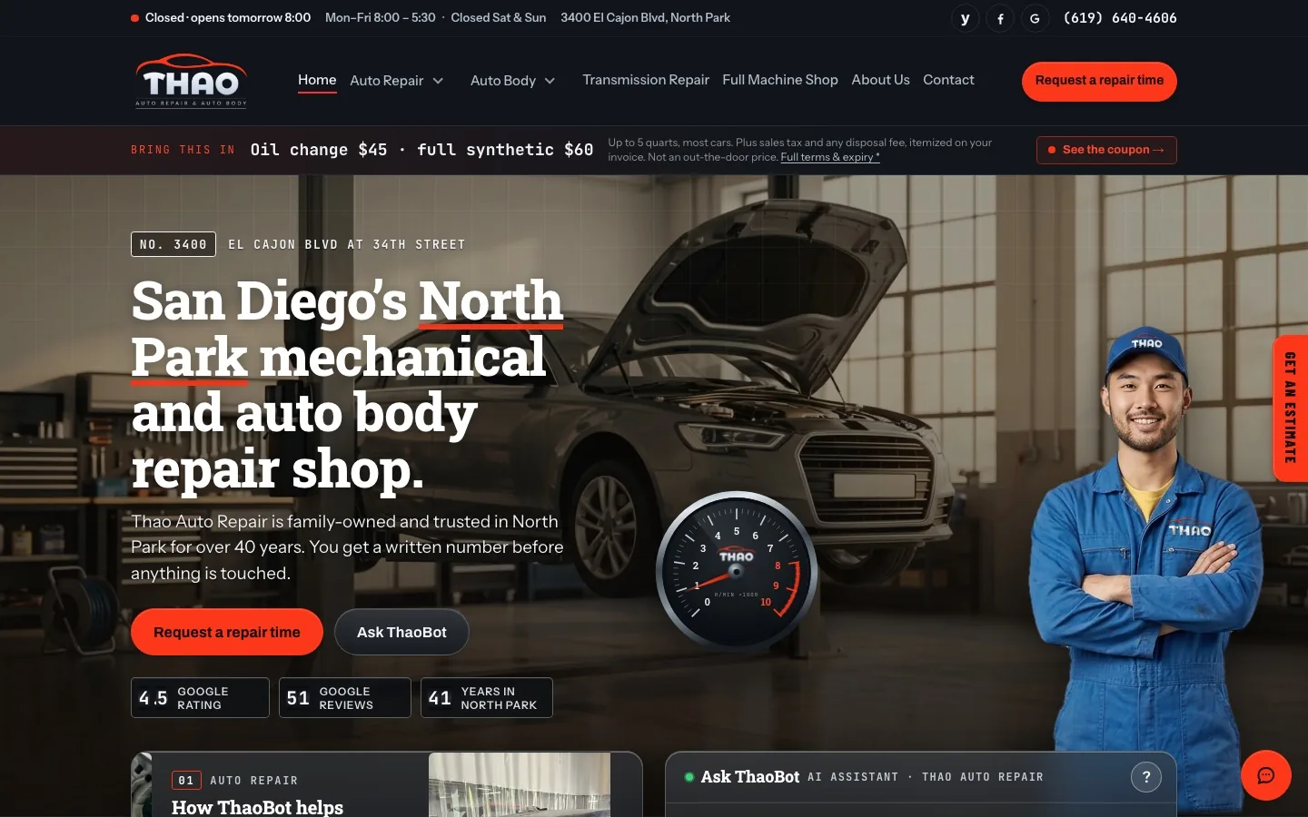 The home page of Thao Auto Repair's new website on a laptop
