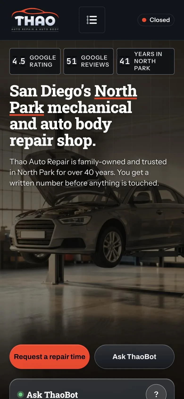 The home page of Thao Auto Repair's new website on a phone