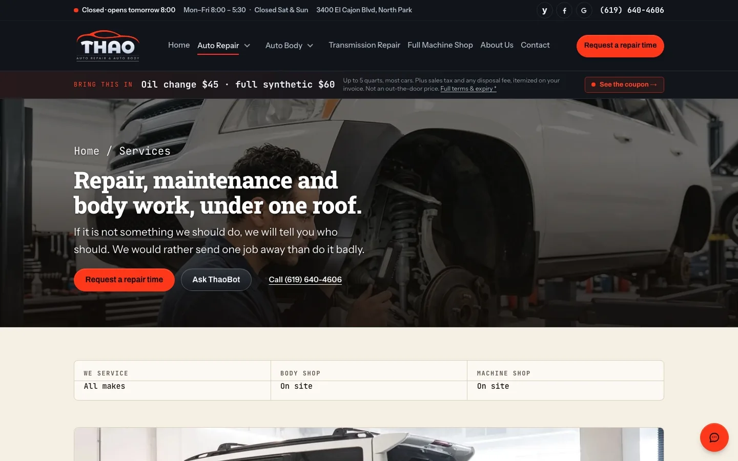 The services section of Thao Auto Repair's new website on a laptop