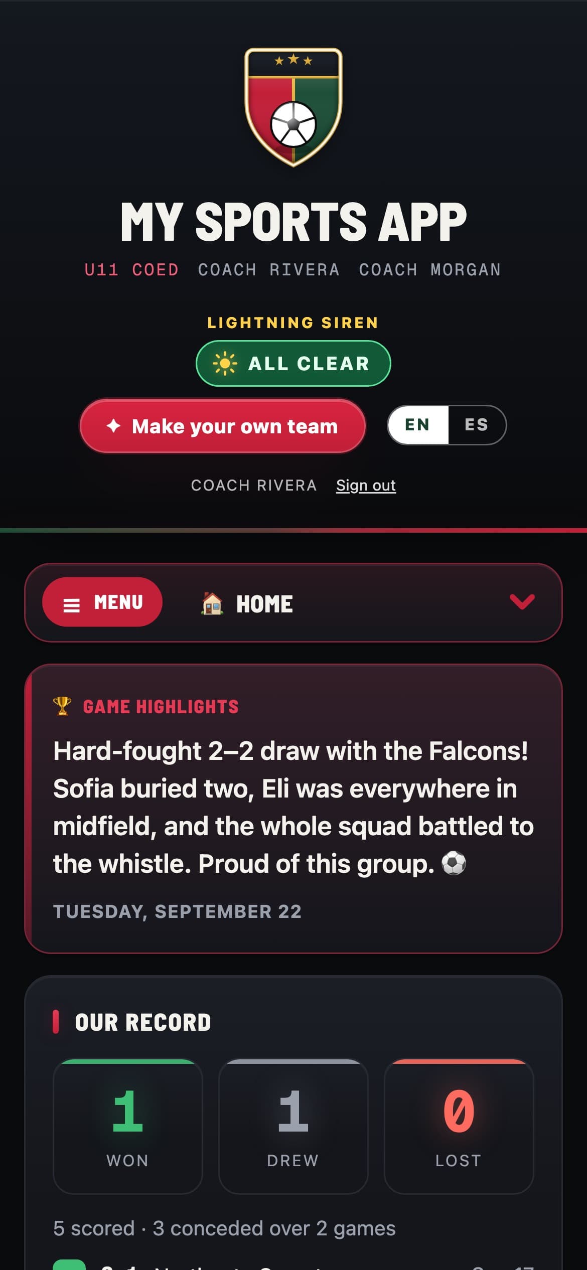 The team app on a phone: the club crest, the team name, the weather call and Make your own team.