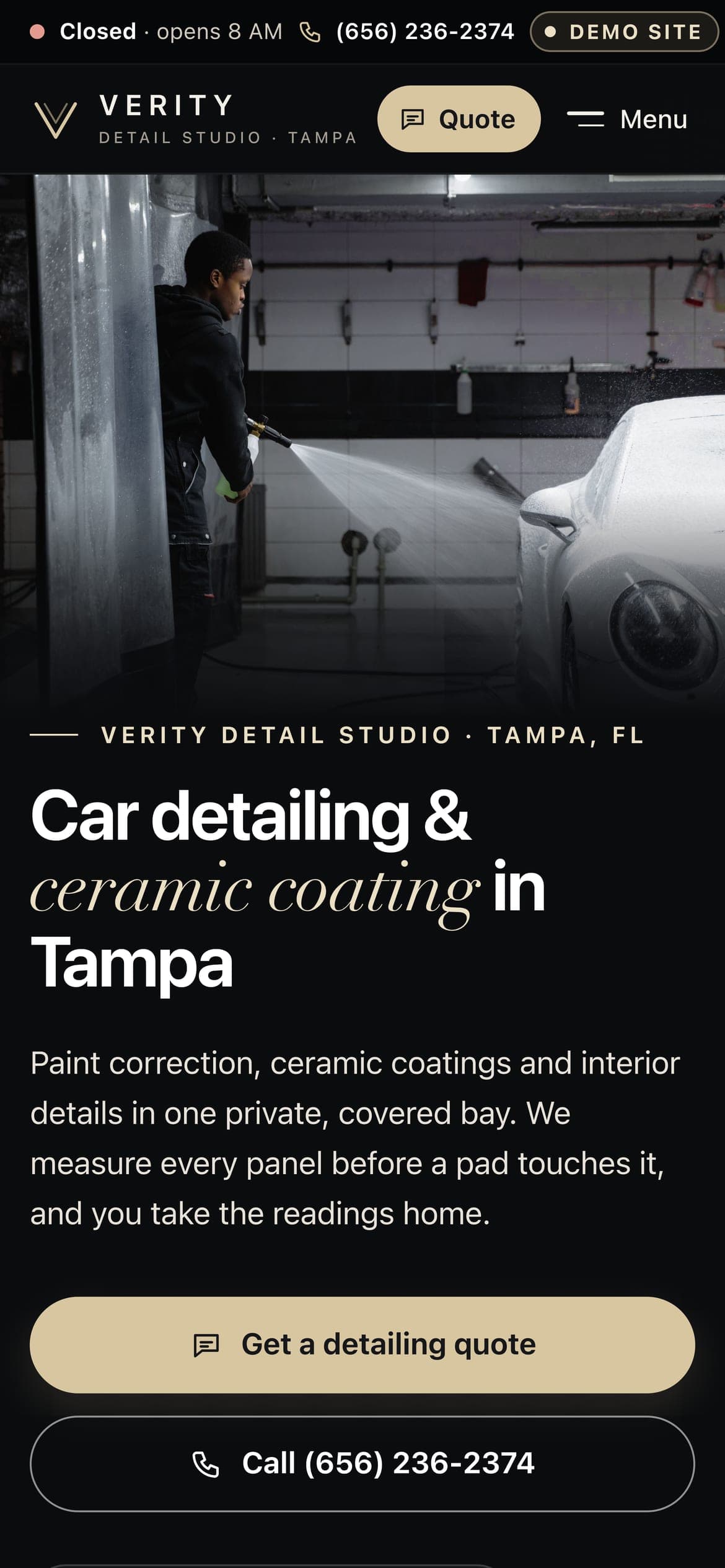 Verity Detail Studio's home page, on a phone