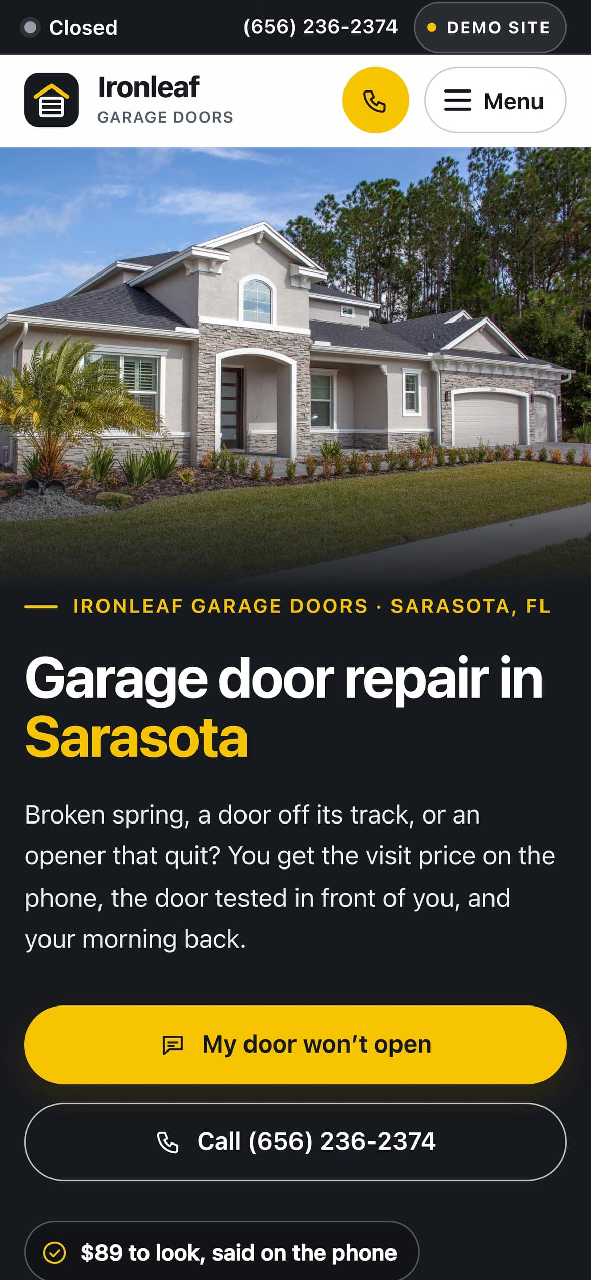 A sample garage door website we built, shown on a phone