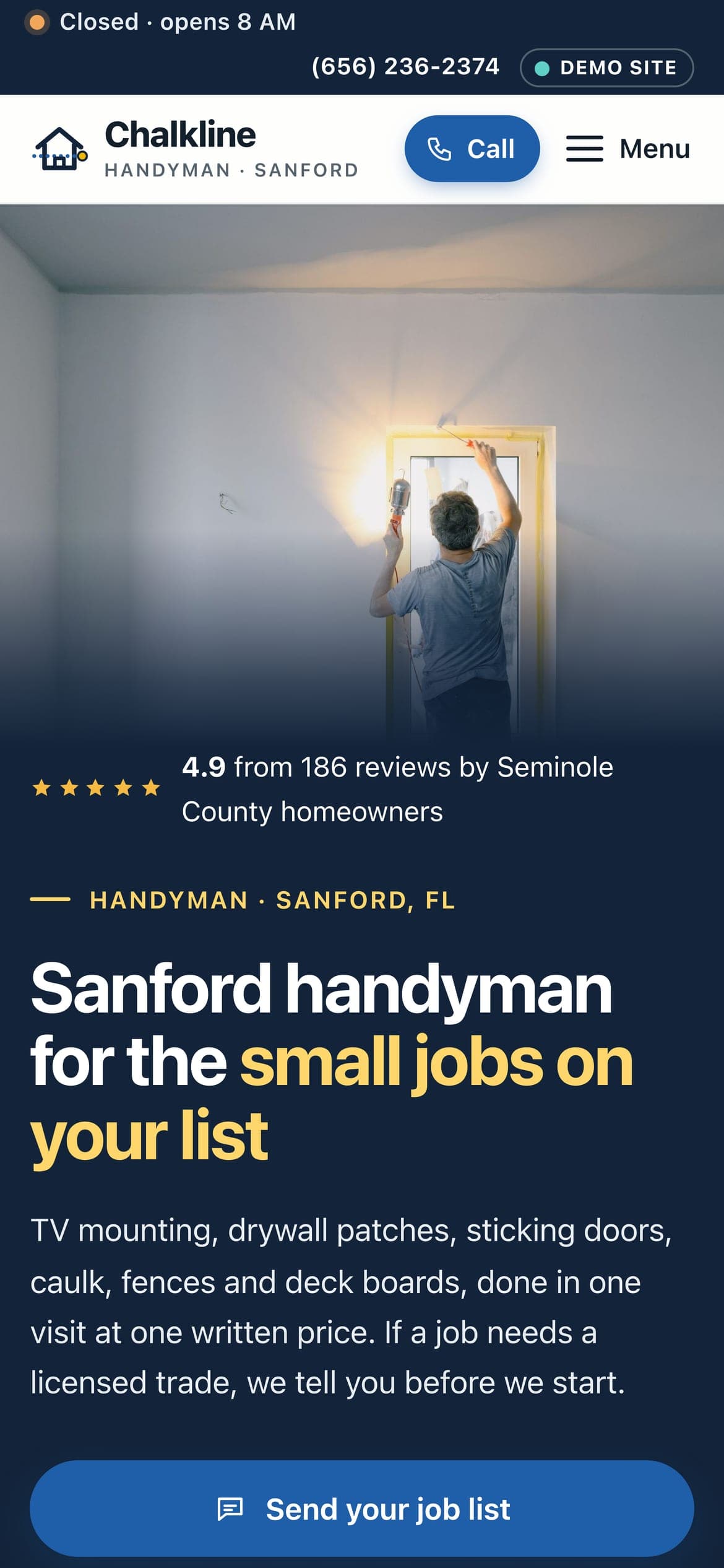 A sample handyman website we built, shown on a phone
