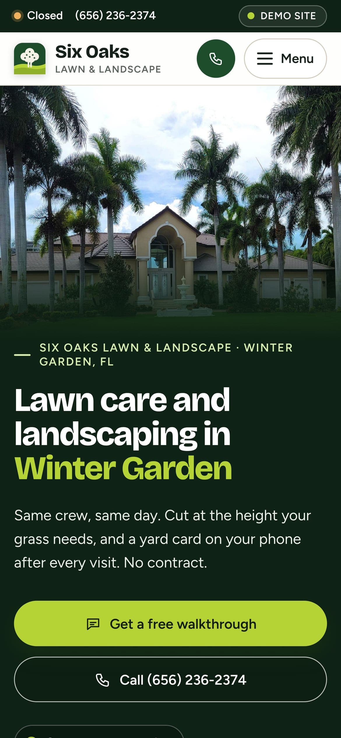 Six Oaks Lawn & Landscape's home page, on a phone