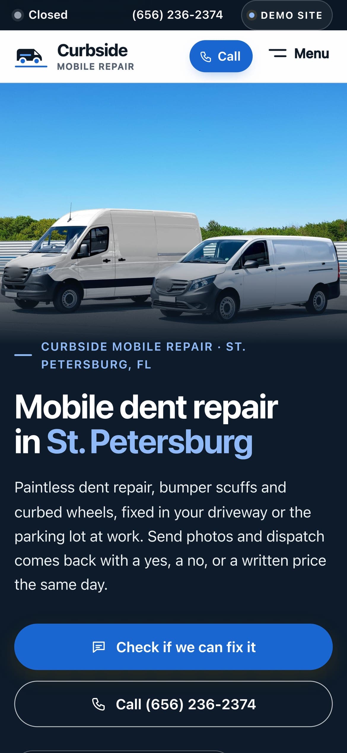 Curbside Mobile Repair, the same sample website, on a phone