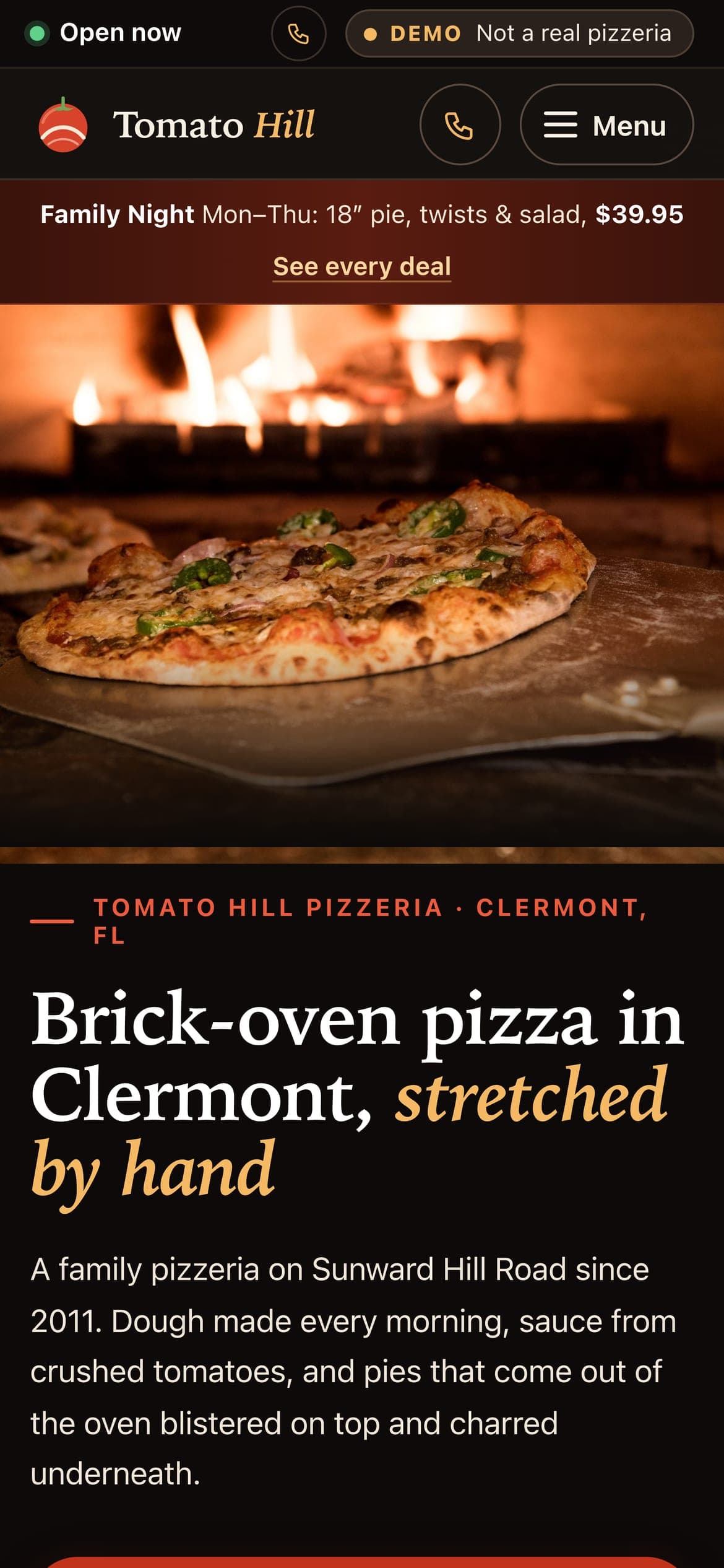 Tomato Hill Pizzeria, the same sample website, on a phone