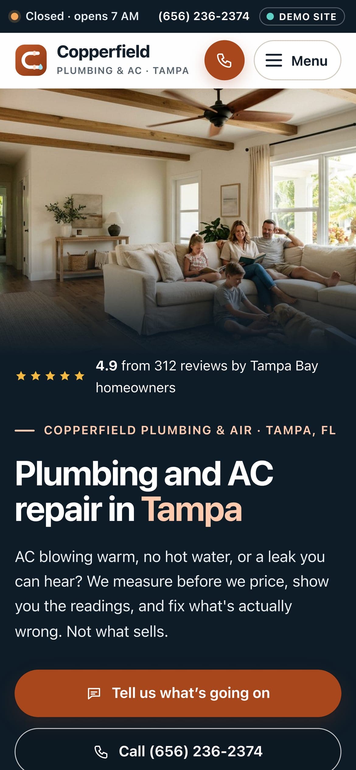 Copperfield Plumbing & Air's home page, on a phone