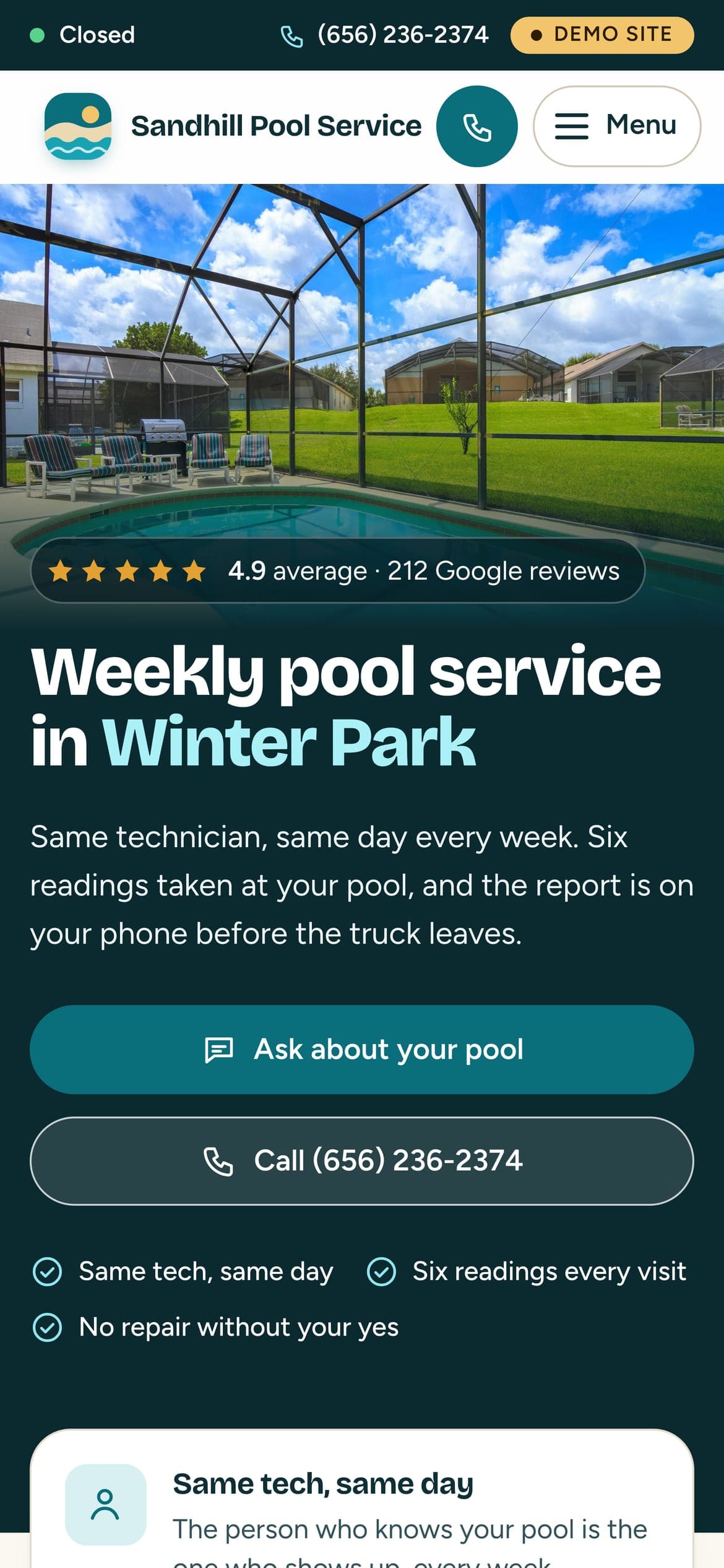 A sample pool service website we built, shown on a phone