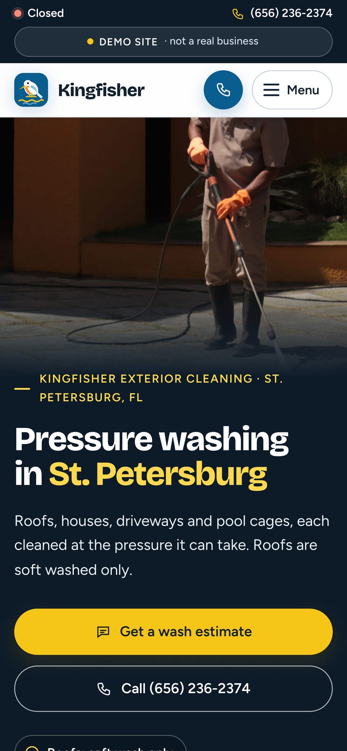 Kingfisher Exterior Cleaning's home page, on a phone