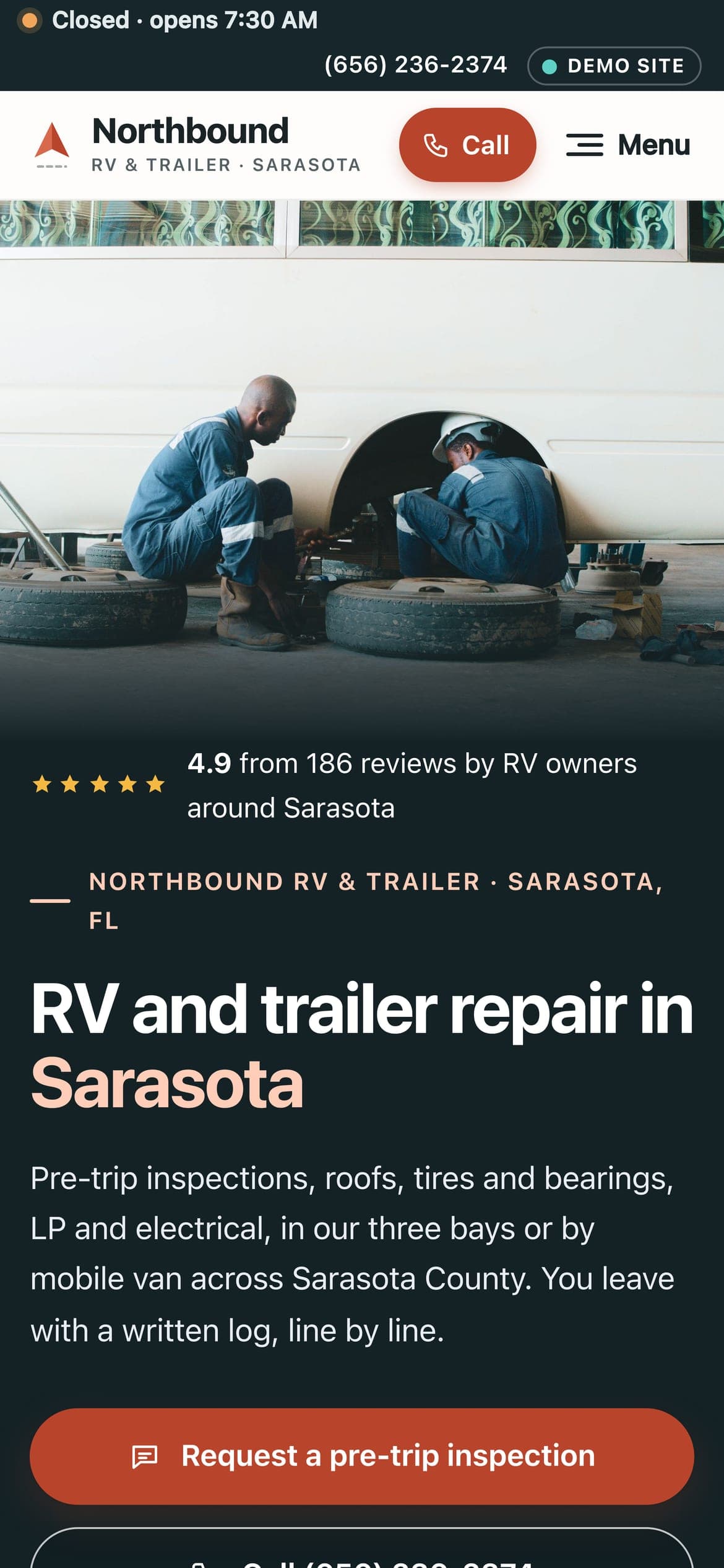 Northbound RV & Trailer, the same sample website, on a phone