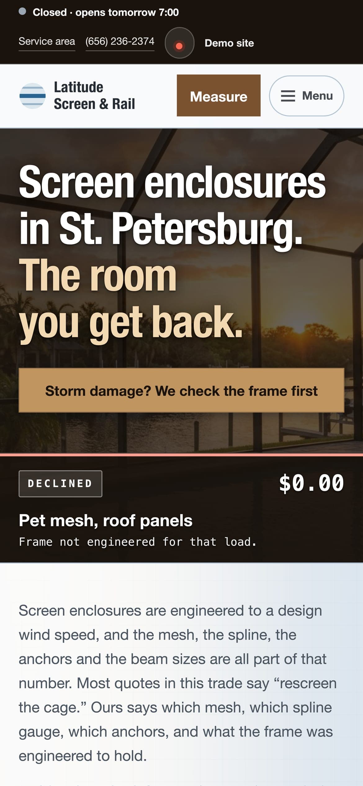 Latitude Screen & Rail, the same sample website, on a phone