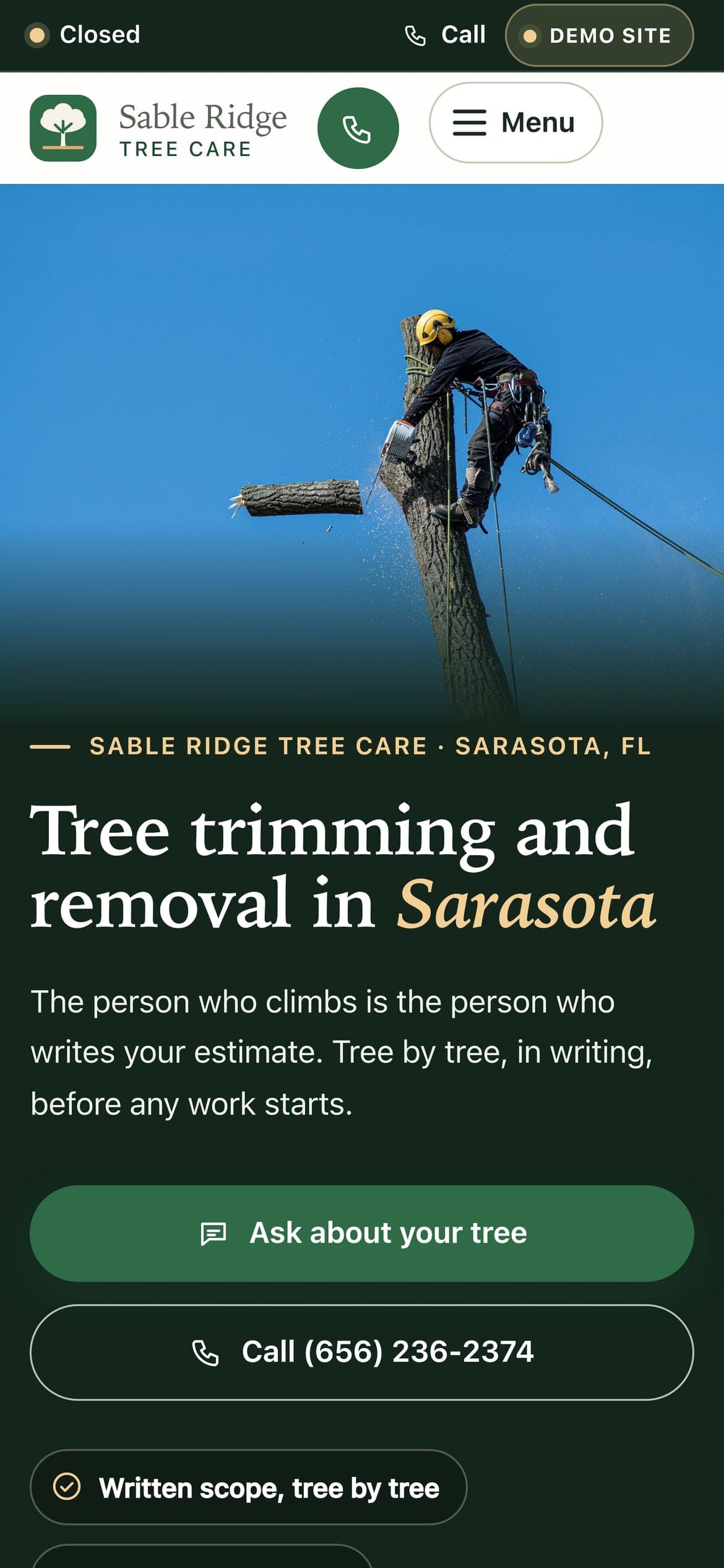 A sample tree service website we built, shown on a phone
