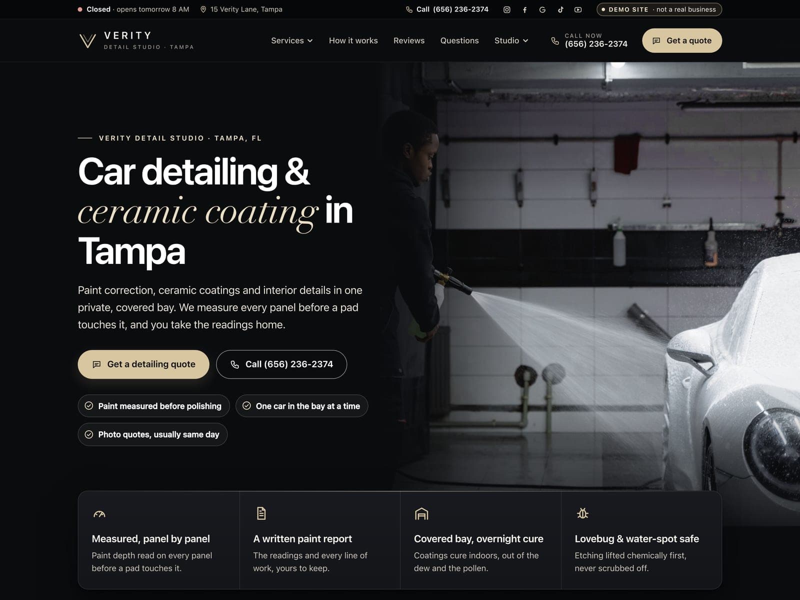 Verity Detail Studio, a sample auto detailing website we built, on a laptop
