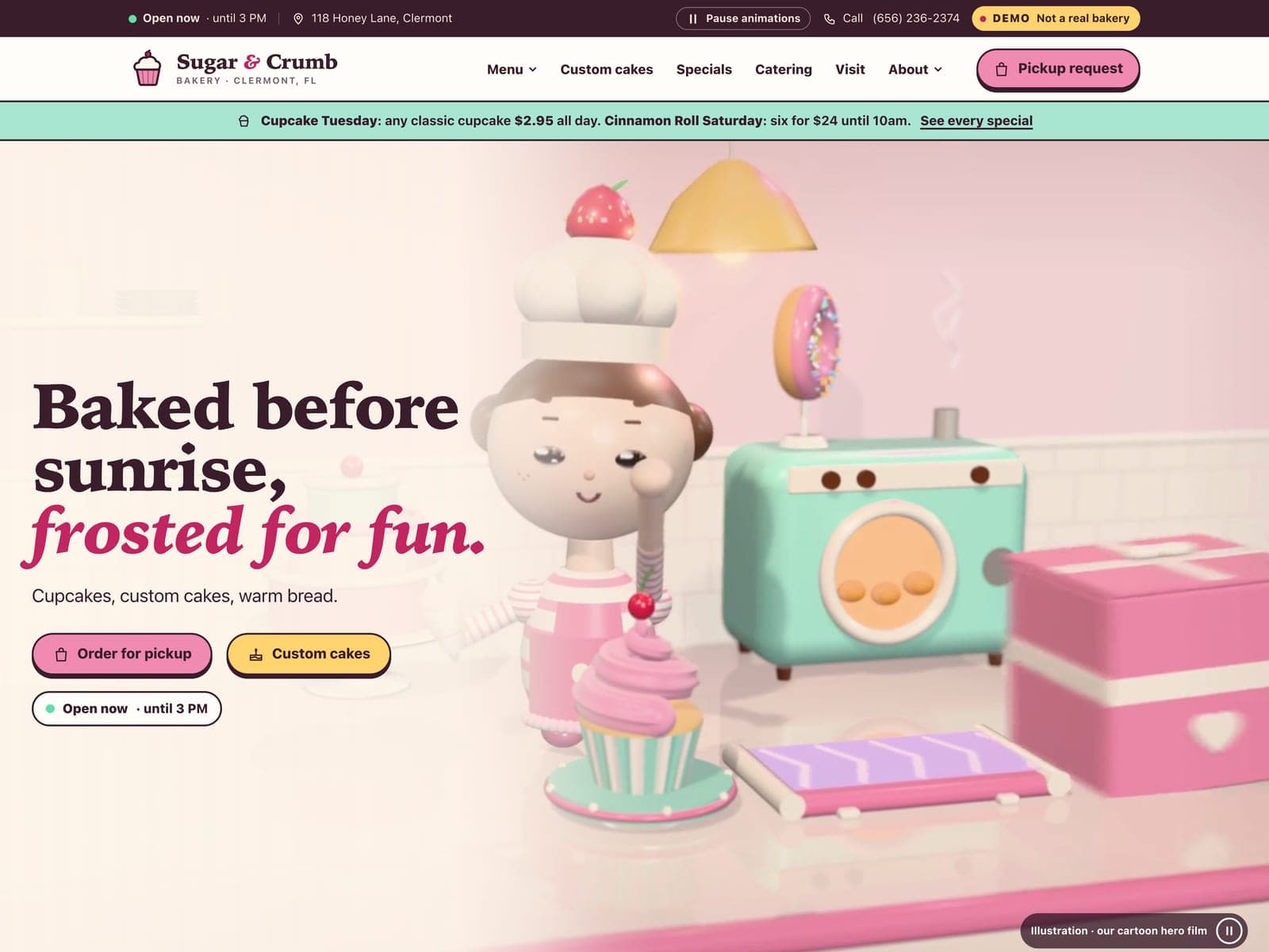 Sample bakery website on a laptop Home page of the sample bakery website on a laptop: a cartoon baker piping a cupcake in a pink and mint kitchen