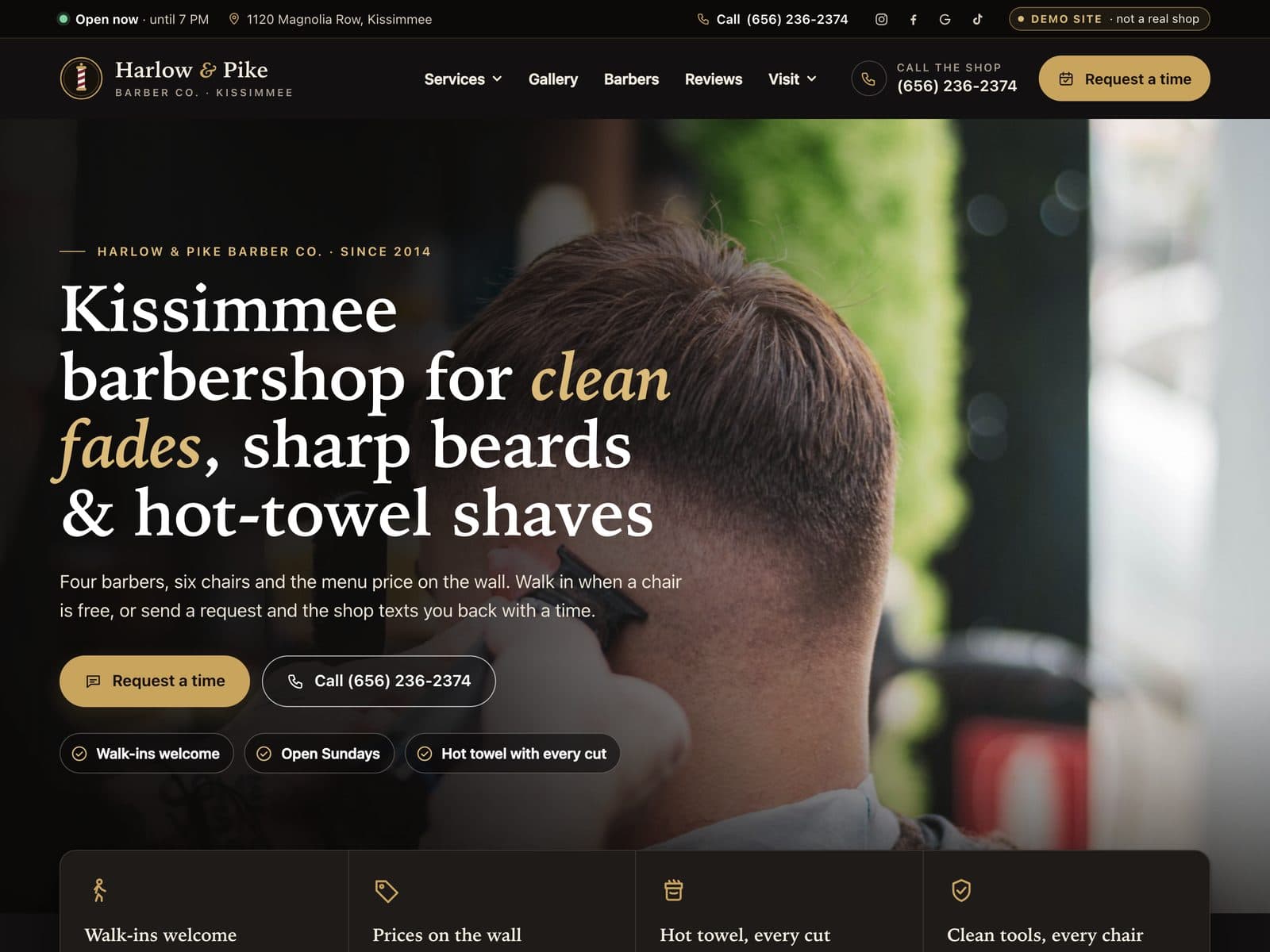 The front page of Harlow & Pike Barber Co., a sample barbershop website we built.