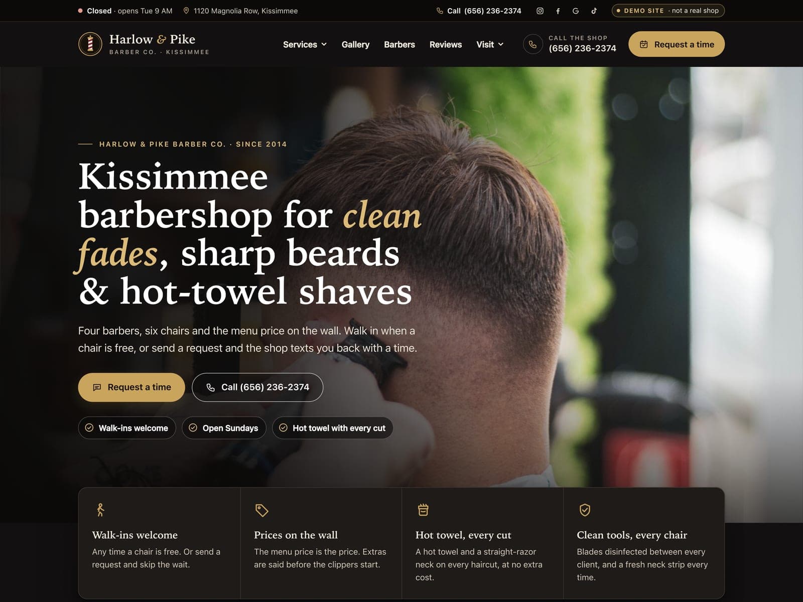 The front page of Harlow & Pike Barber Co., a sample barbershop website we built.