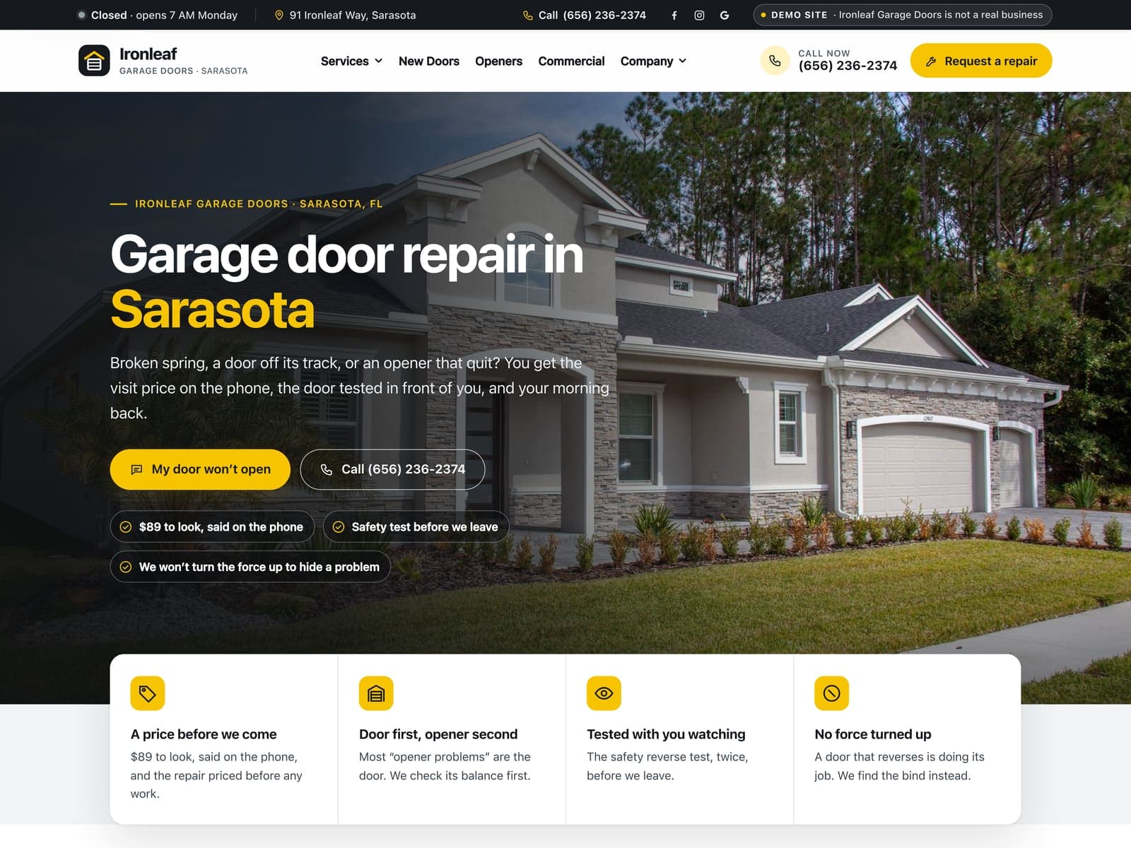 Ironleaf Garage Doors, a sample garage door website we built, on a laptop