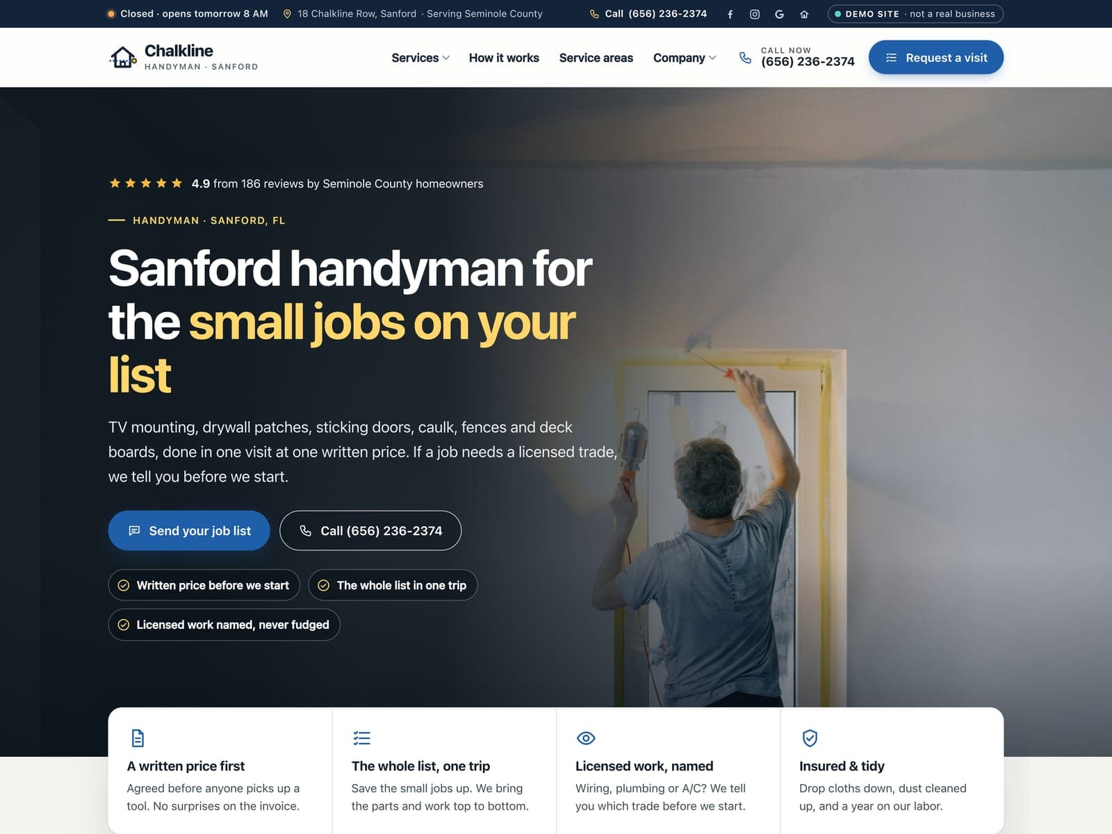 Chalkline Handyman, a sample handyman website we built, on a laptop