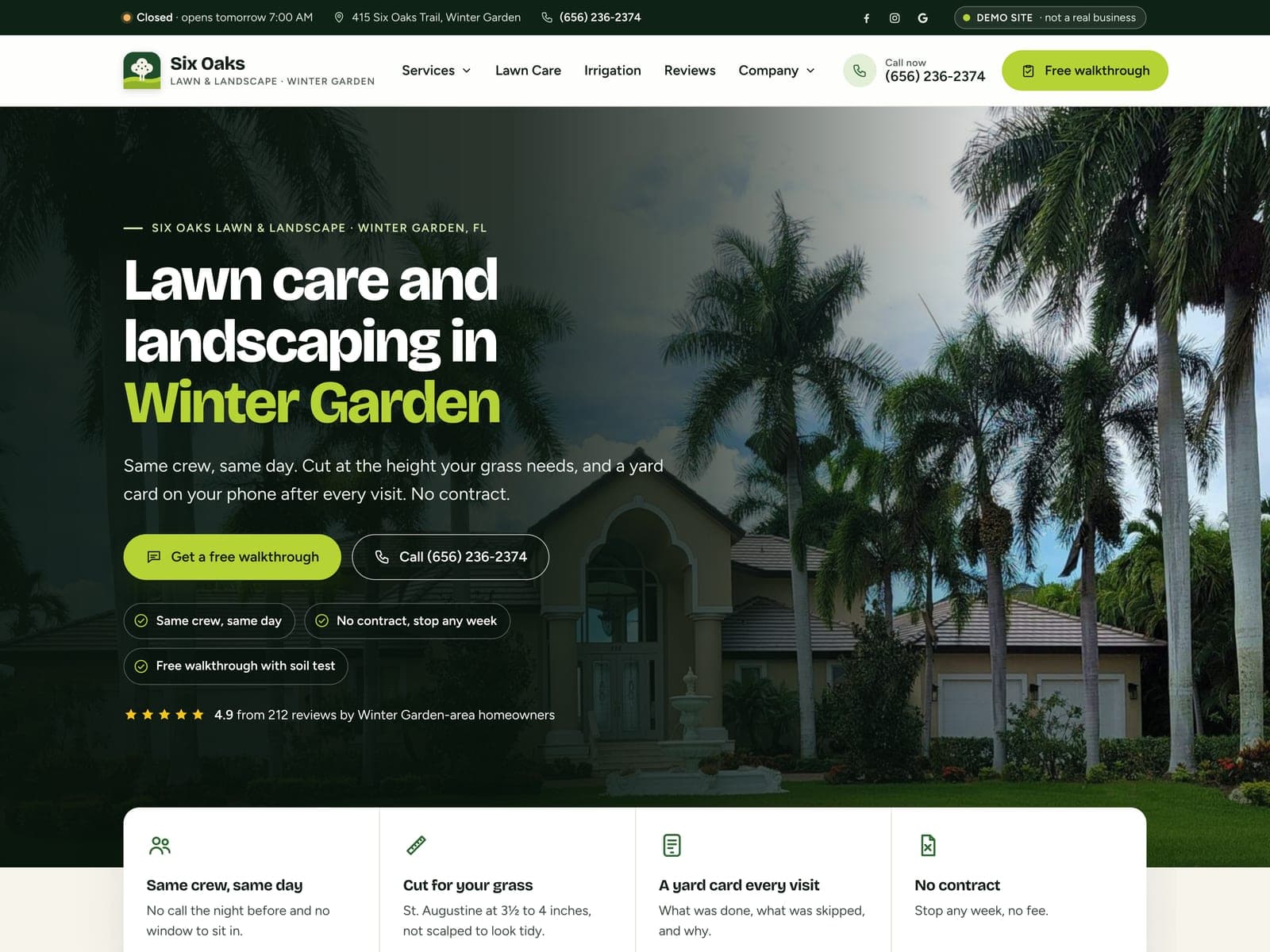 Six Oaks Lawn & Landscape, a sample lawn and landscape website we built, on a laptop