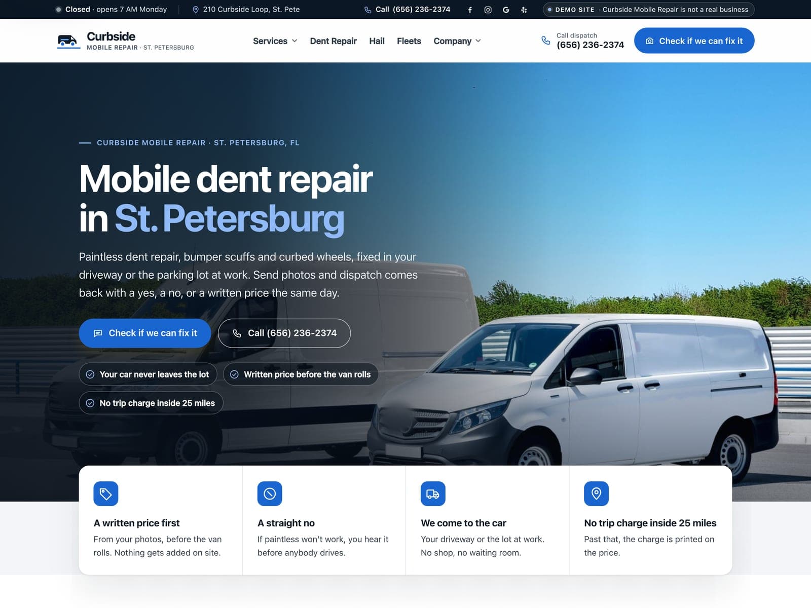 Curbside Mobile Repair, a sample mobile repair website we built, on a laptop
