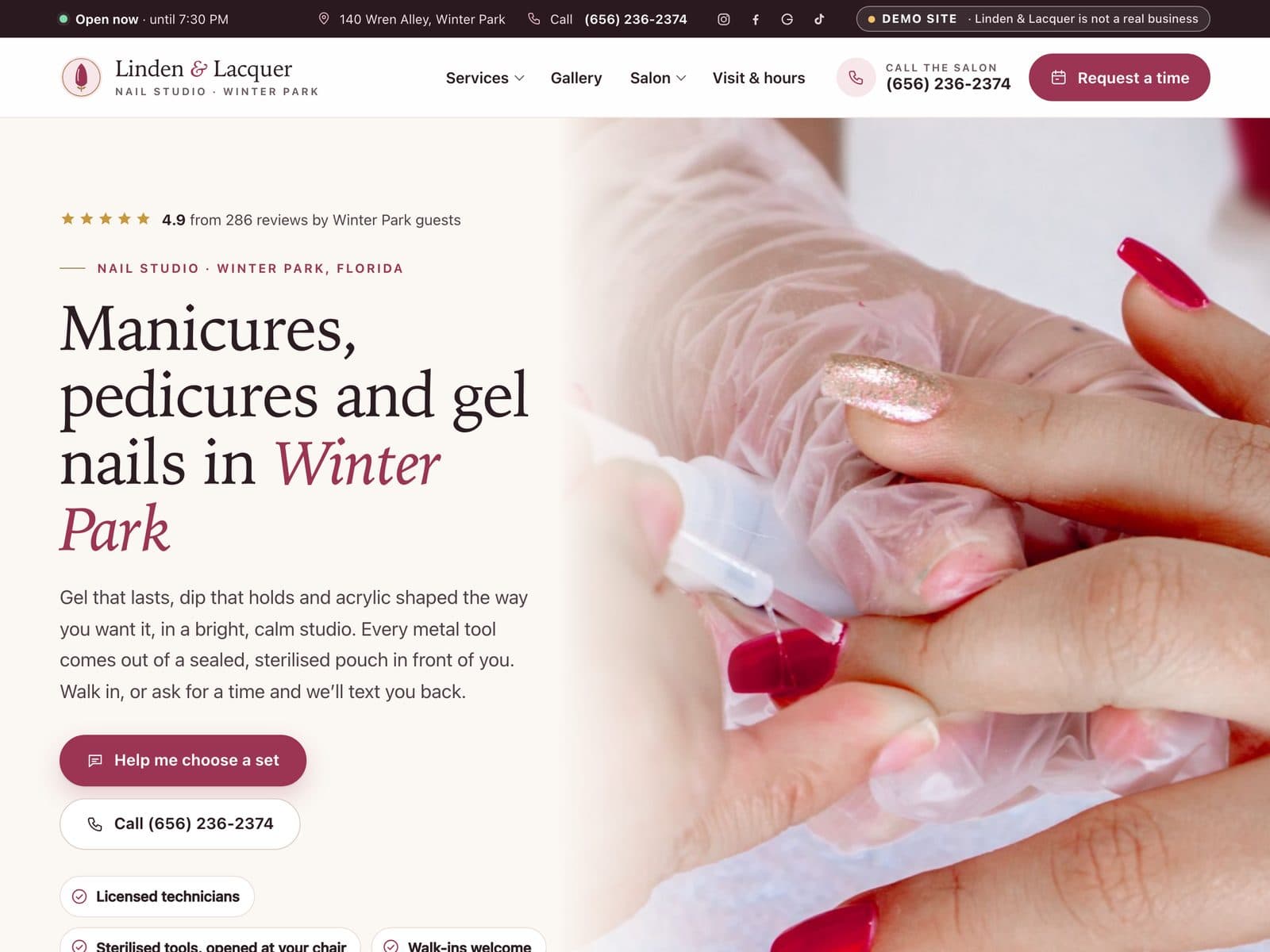 The front page of Linden & Lacquer Nail Studio, a sample nail salon website we built.