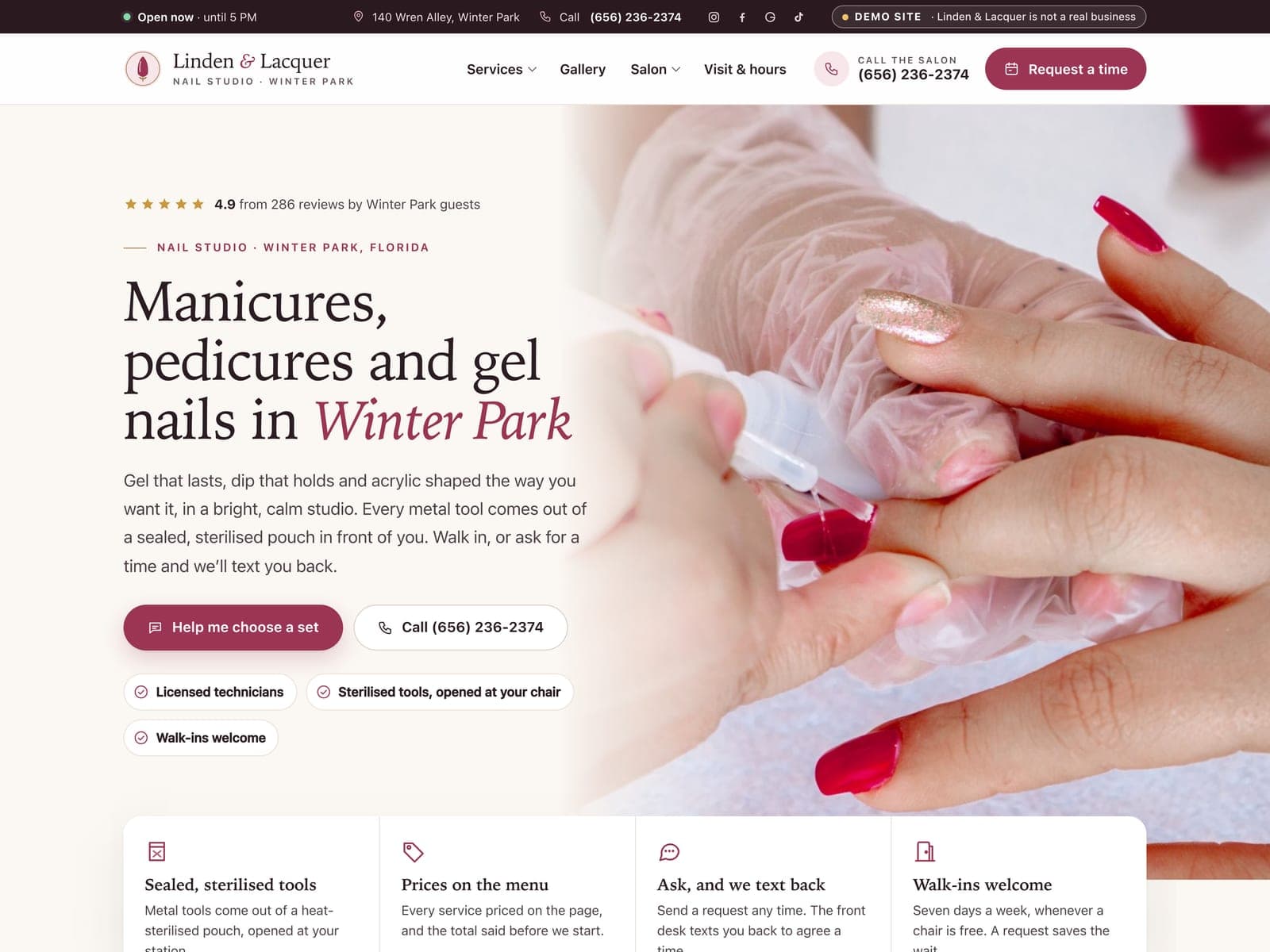 Linden & Lacquer Nail Studio, a sample nail salon website we built, on a laptop
