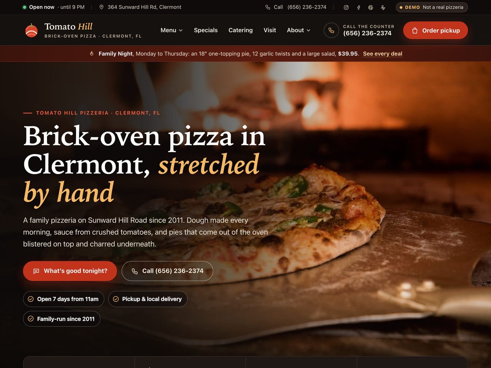The front page of Tomato Hill Pizzeria, a sample restaurant website we built.