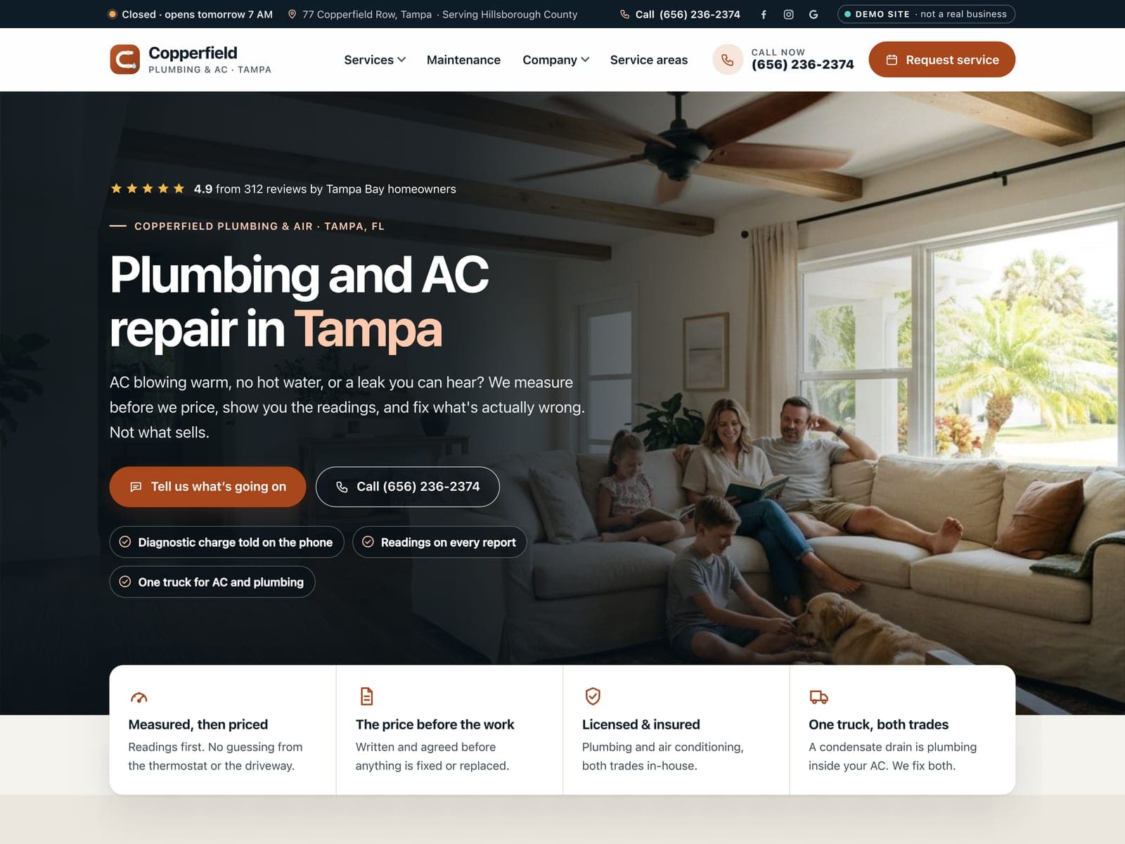 The front page of Copperfield Plumbing & Air, a sample plumbing & HVAC website we built.