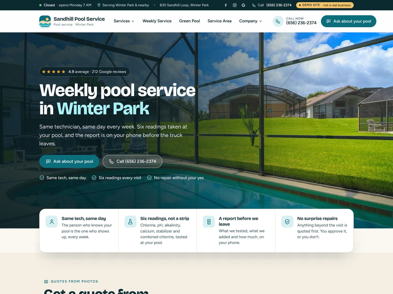 The front page of Sandhill Pool Service, a sample pool service website we built.