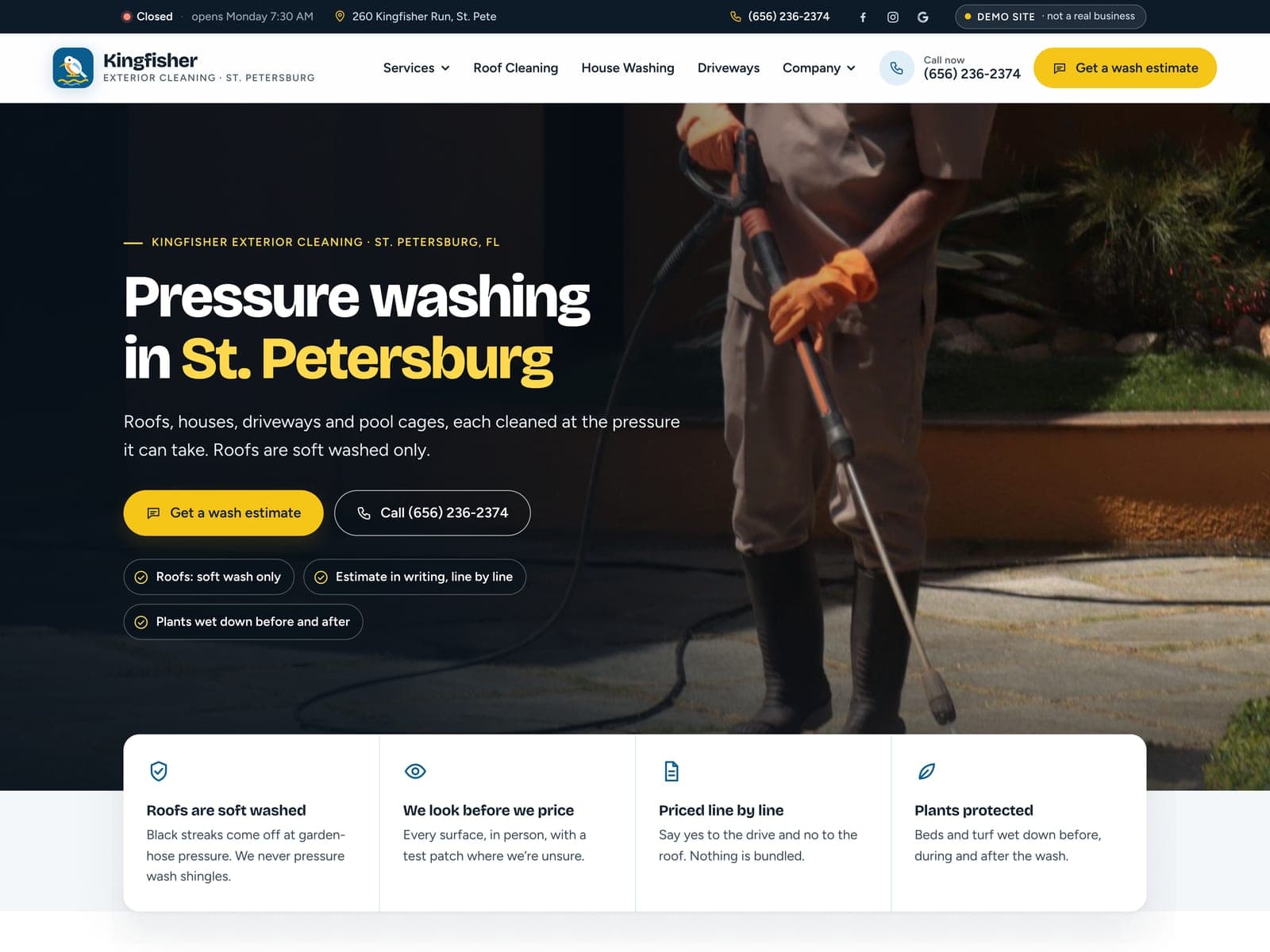 The front page of Kingfisher Exterior Cleaning, a sample pressure washing website we built.