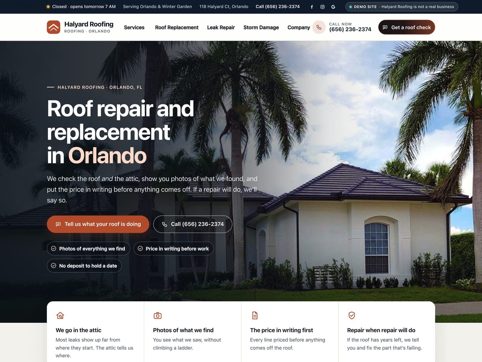 The front page of Halyard Roofing, a sample roofing website we built.