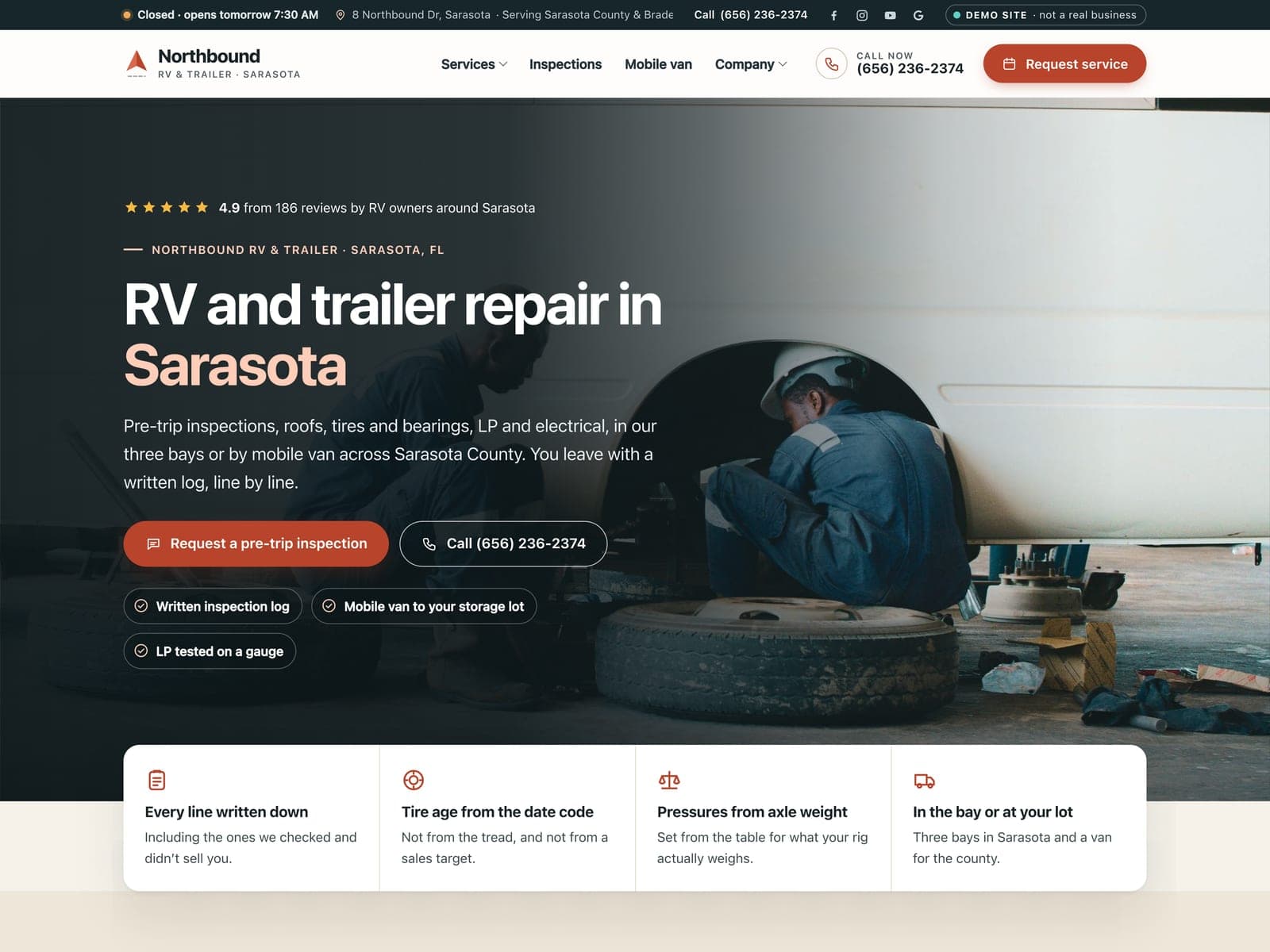 Northbound RV & Trailer, a sample RV and trailer repair website we built, on a laptop