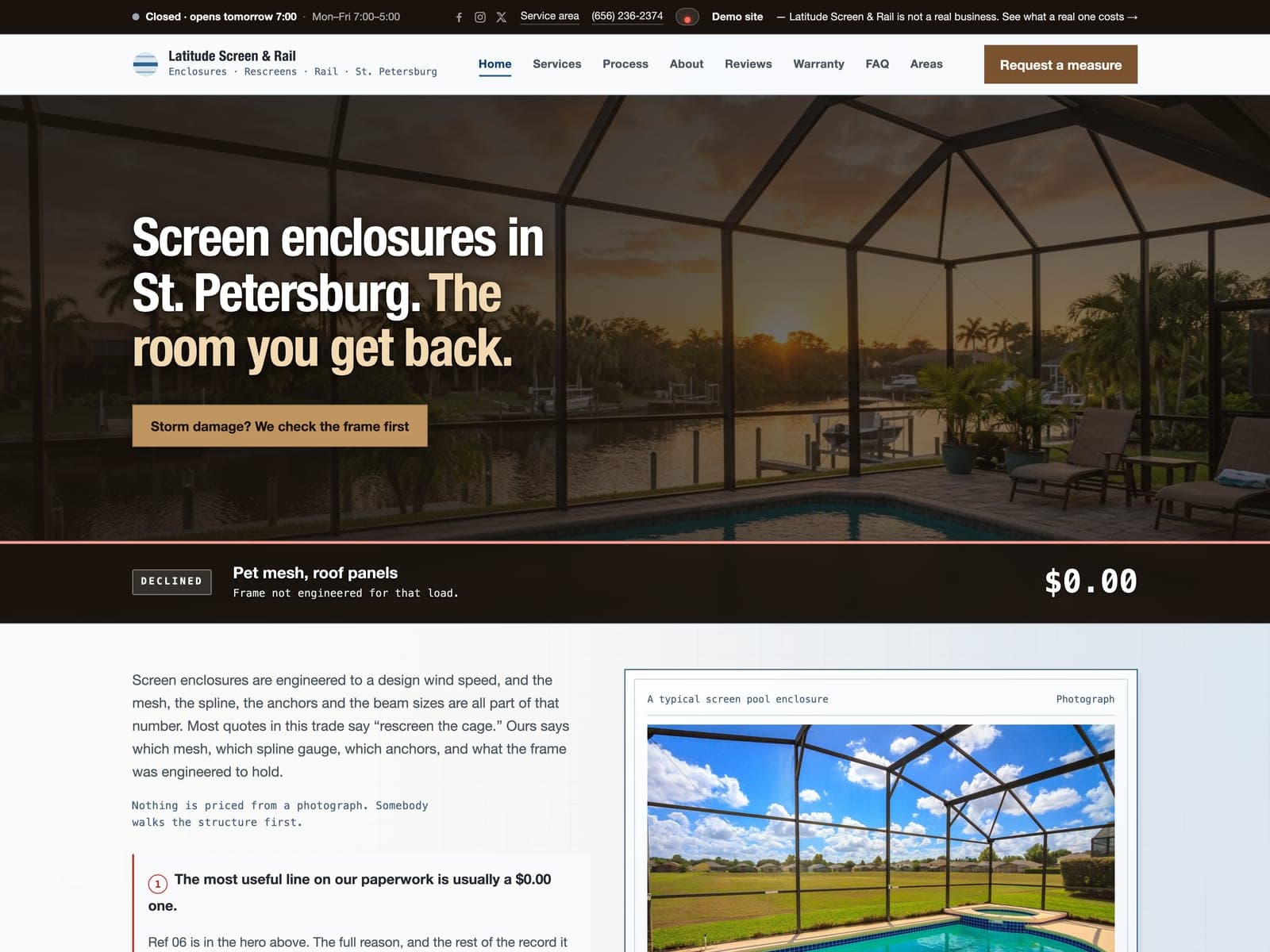 The front page of Latitude Screen & Rail, a sample screen enclosure website we built.