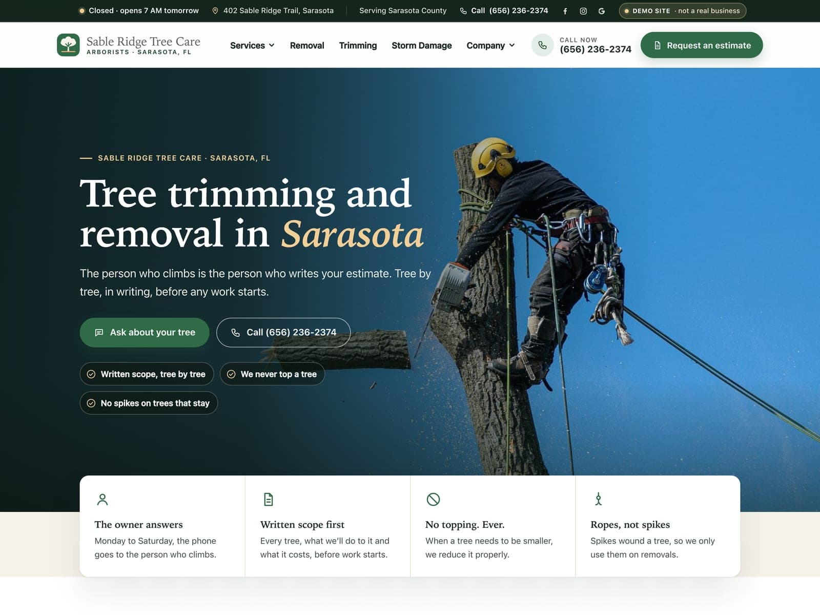 Sable Ridge Tree Care, a sample tree service website we built, on a laptop