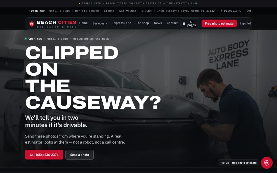 The Beach Cities Collision sample site, with its demonstration-shop banner.