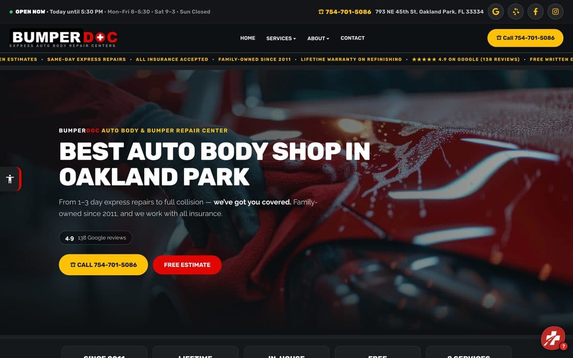 The BumperDoc Oakland Park home page — auto body and bumper repair in Oakland Park, Florida.