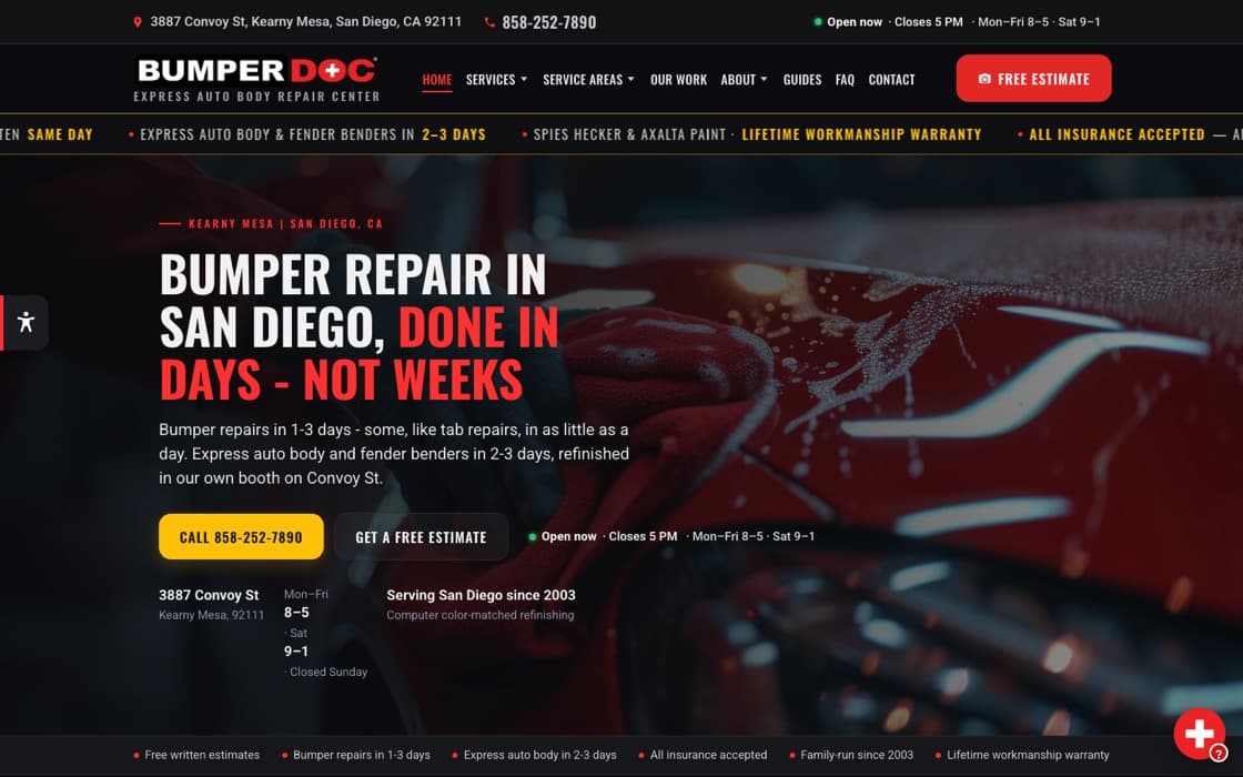The BumperDoc Express San Diego home page — bumper repair in days, not weeks.