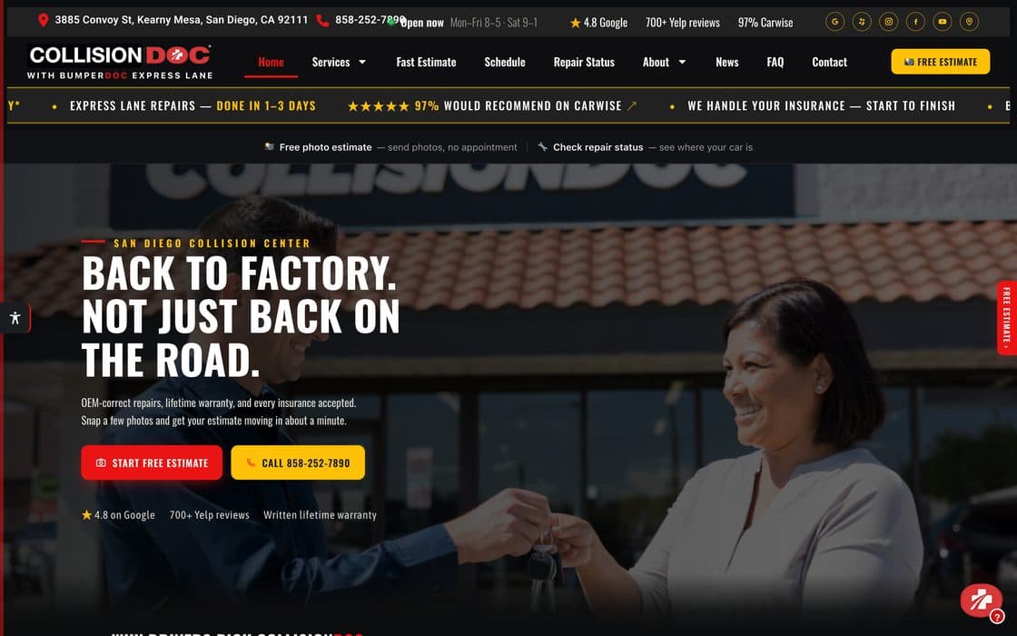The CollisionDoc home page — a photo estimate call to action over a shop photograph.