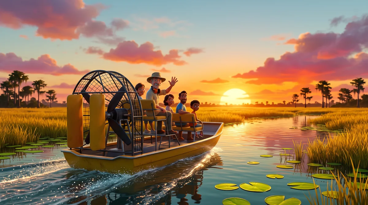 Illustration: a yellow airboat heads home across the marsh toward a huge sunset