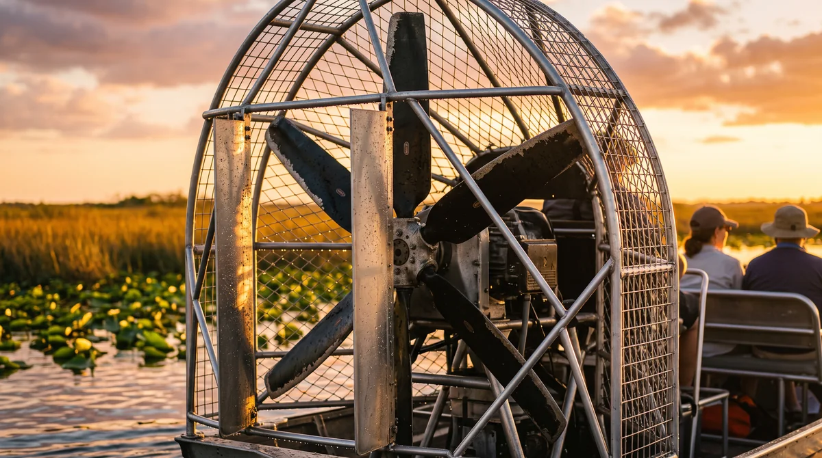Golden light backlights the big caged propeller of an airboat, droplets clinging to the cage.