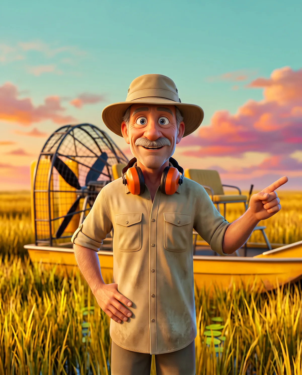 Illustration: the airboat captain points toward the horizon with a welcoming look.