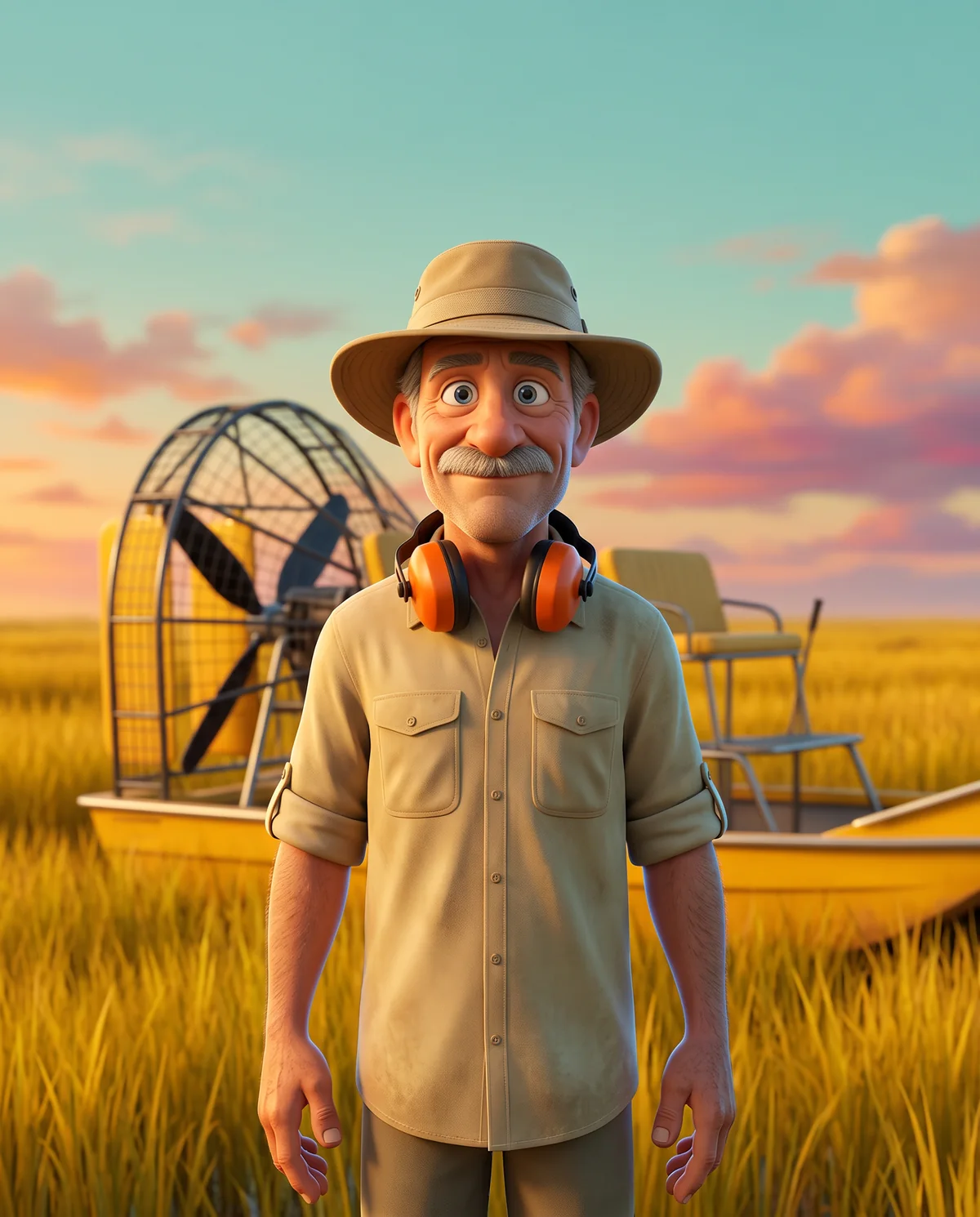 Illustration: a cheerful airboat captain with a grey moustache and tan hat stands in golden sawgrass.