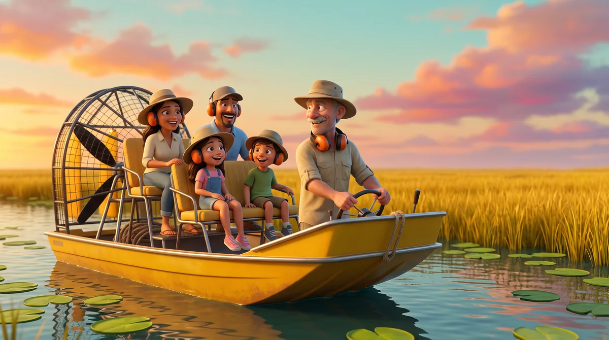 Illustration: the captain grins back at a laughing family of four on a yellow airboat.