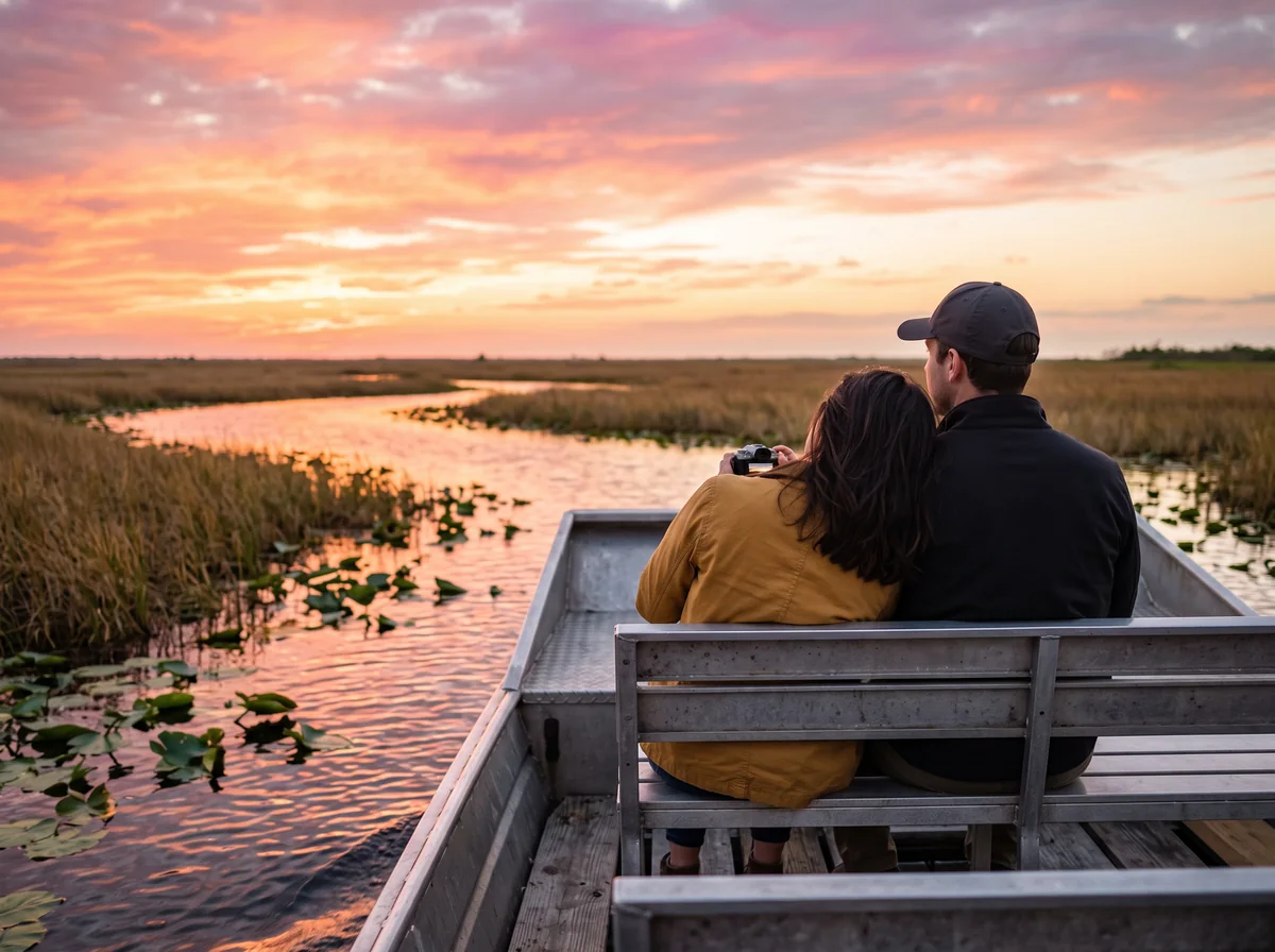 A couple seen from behind leans together on an airboat seat watching a pink sunset over the marsh.